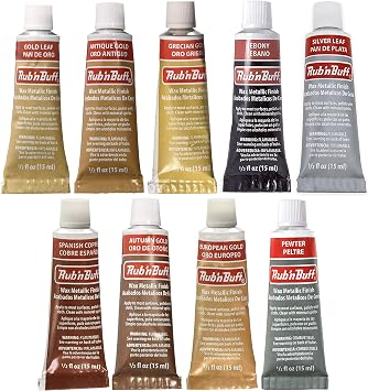 Amaco Rub 'N Buff Wax Metallic Finish, 9 Color Assortment Gold Leaf, Antique Gold, Grecian Gold, Ebony, Silver Leaf, Spanish Copper, Autumn Gold, European Gold, Pewter