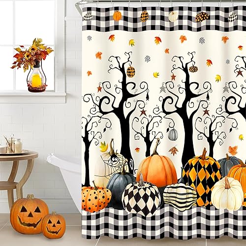 Miniatura 2 de Miffrank Juego de cortinas de ducha de Halloween, hojas de árbol de calabaza, cortinas de ducha a cuadros, cortinas de baño de tela impermeable con