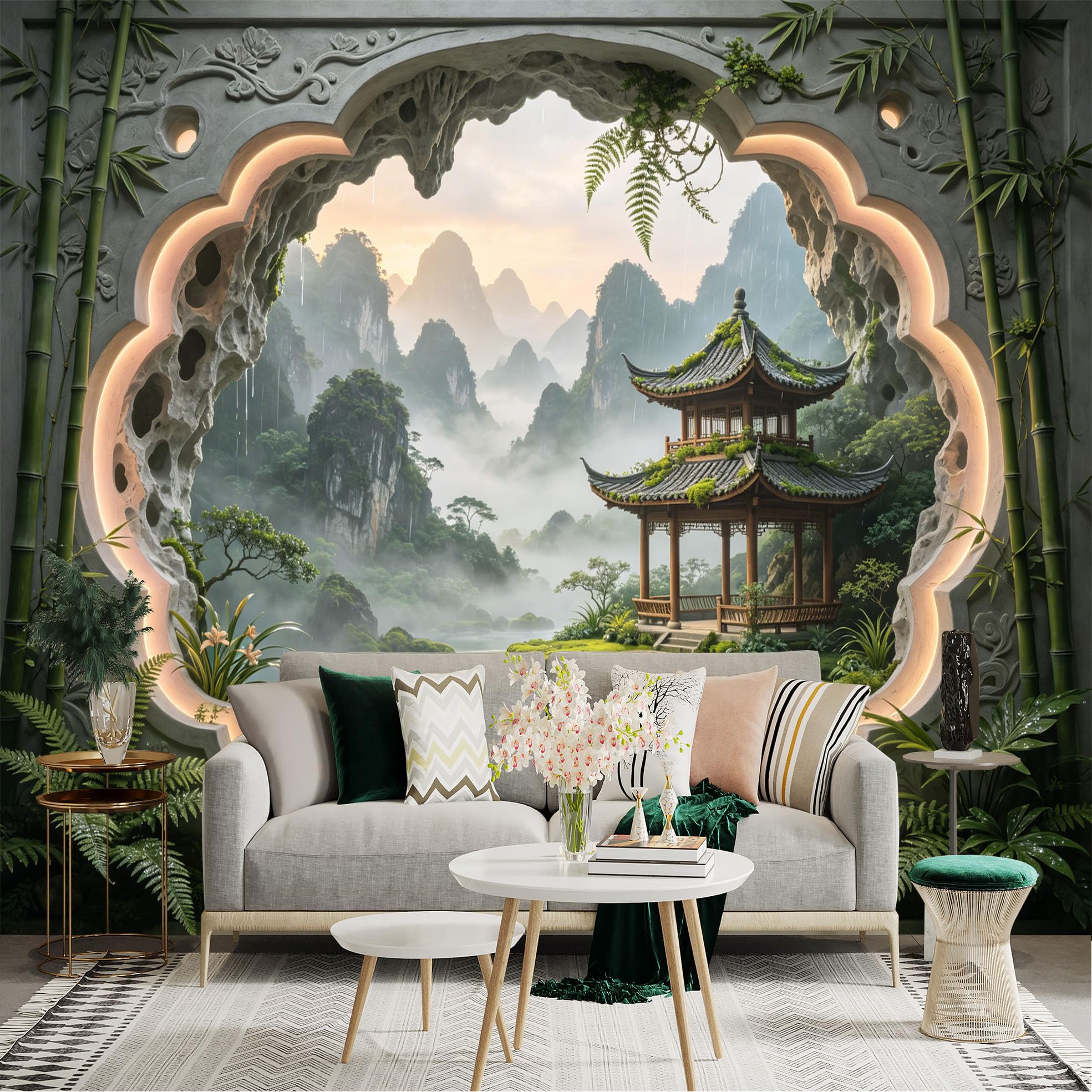 Custom Size Wall Sticker Mural， Chinese Pavilion with Bamboo， Misty Mountains and Waterfall， for wall Decoration， peelandstick wall Decals.