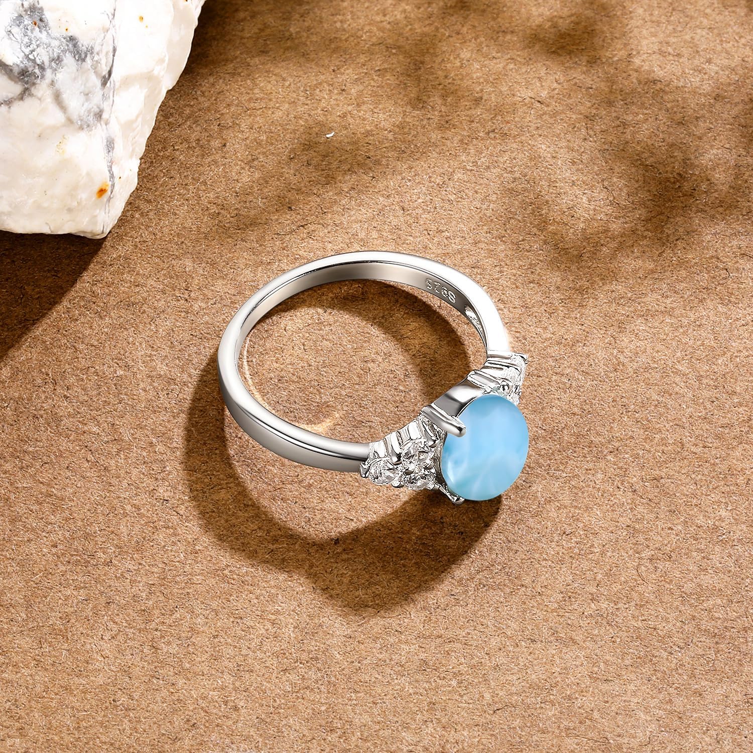 MDFUN Natural Larimar Ring for Women 925 Sterling Silver 7 * 9mm Oval-shaped Blue Gemstone with Halo CZ Eternity Band Jewelry Gifts