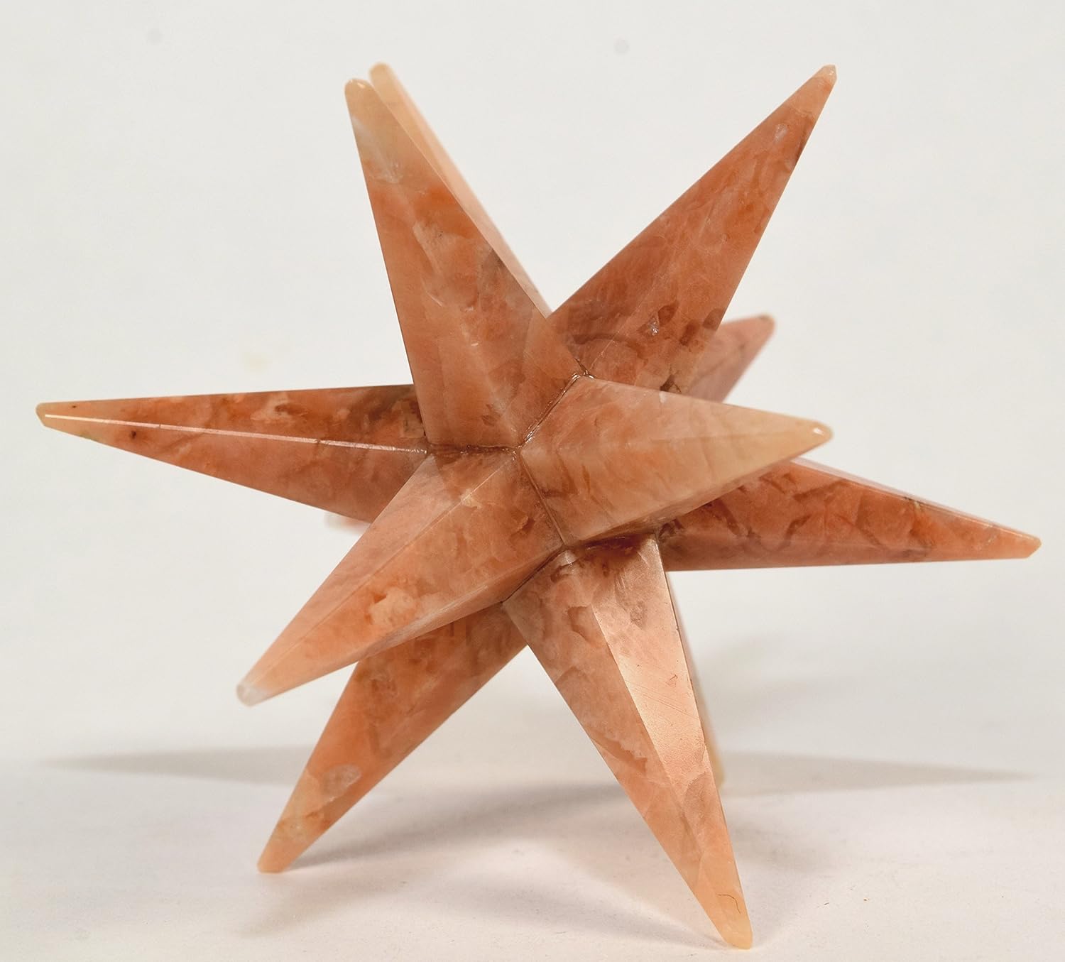 HC Set: 77mm 12 Point Peach Moonstone Merkaba Star Natural Sparkling Feldspar Crystal Holistic Sheen Mineral Hand Carved Stone Star - India + One Polished Clear Quartz Cabochon