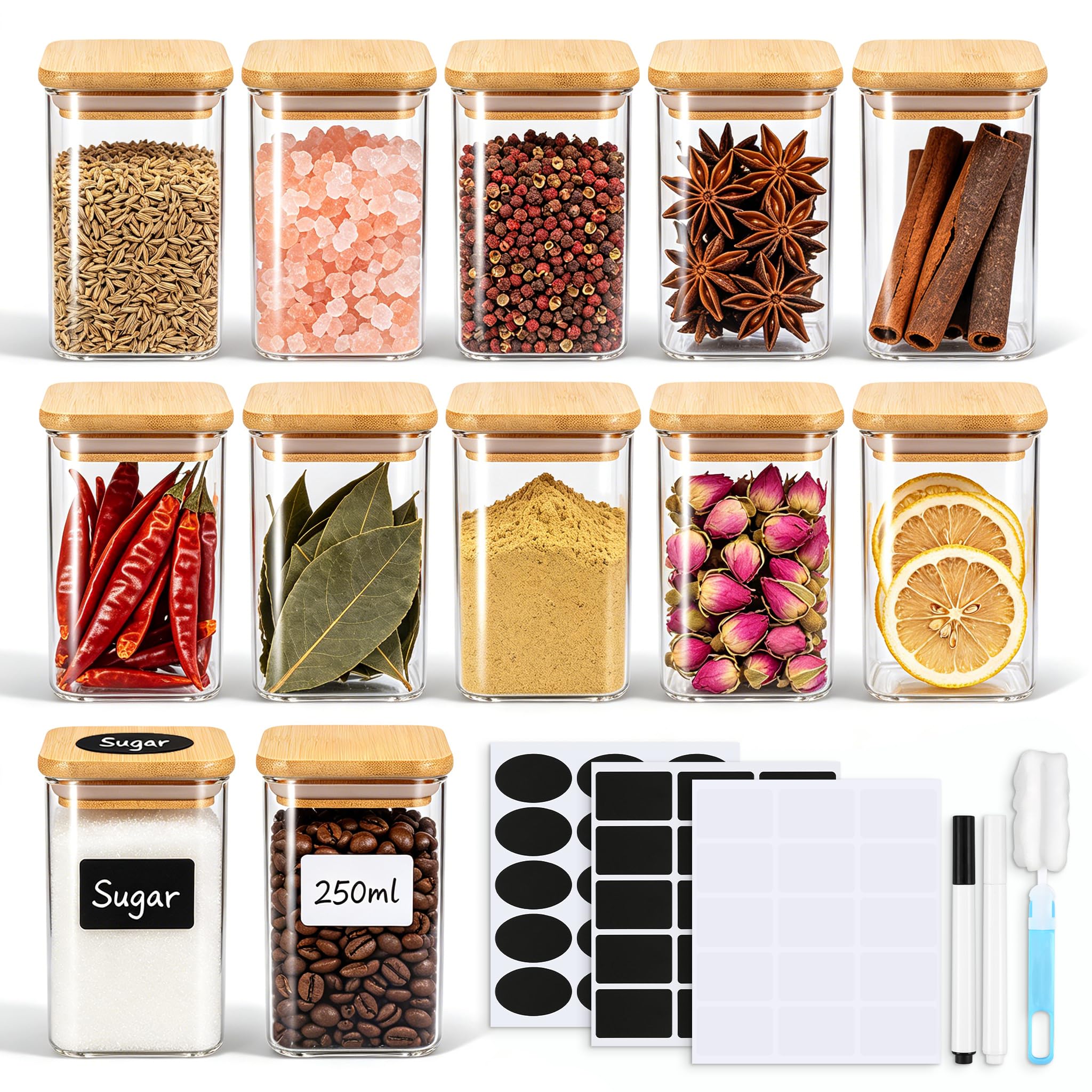 Lot de 12 bocaux à épices avec couvercles en bambou, contenants carrés en verre de 227g pour assaisonnement avec 45 étiquettes et marqueurs DIY, bocaux en verre hermétiques pour l'organisation et le
