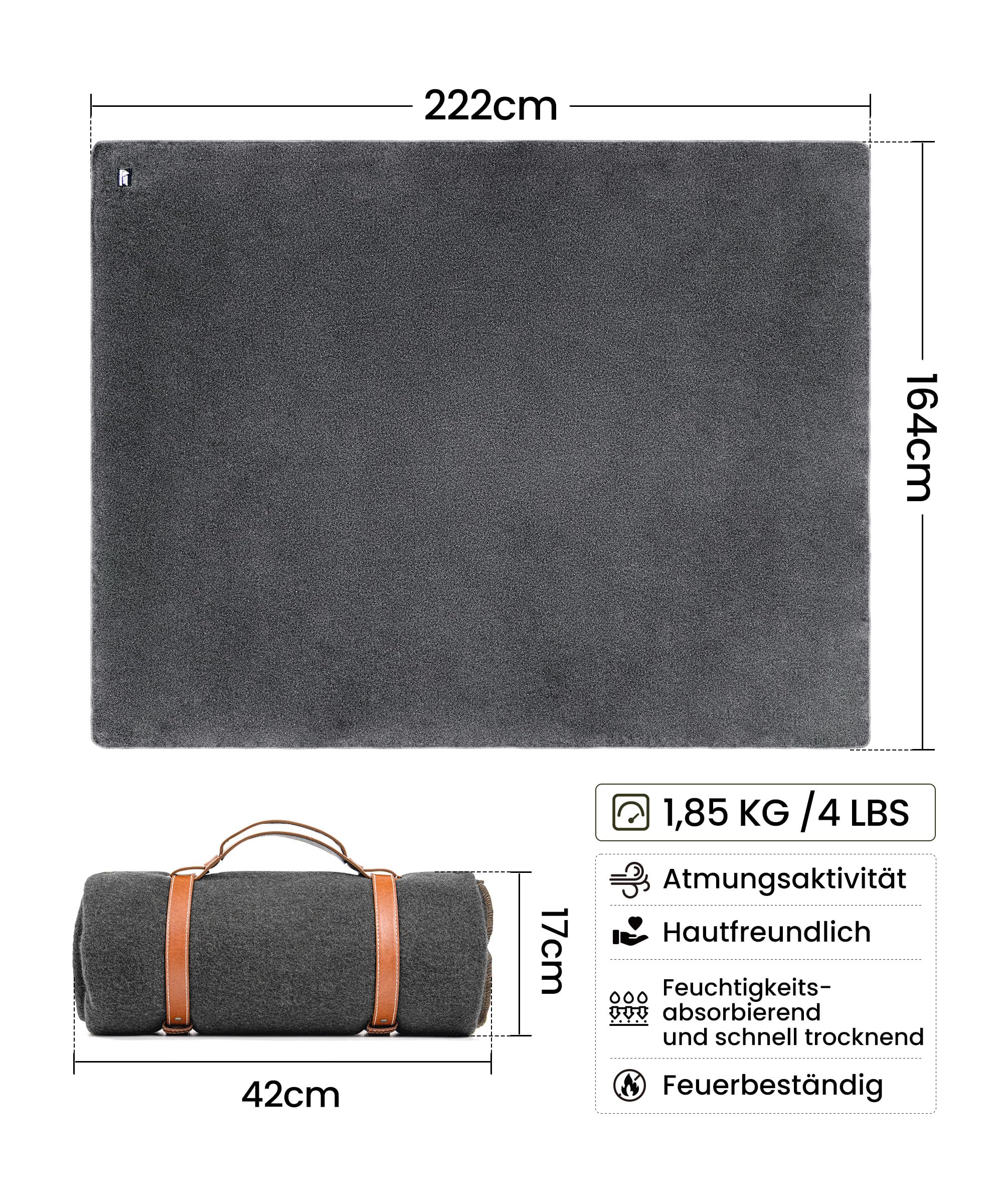 OneTigris Couverture chaude en laine (80 % laine), couverture de camping, de stade, couverture d'extérieur pour le camping, les voyages et la voiture (gris)