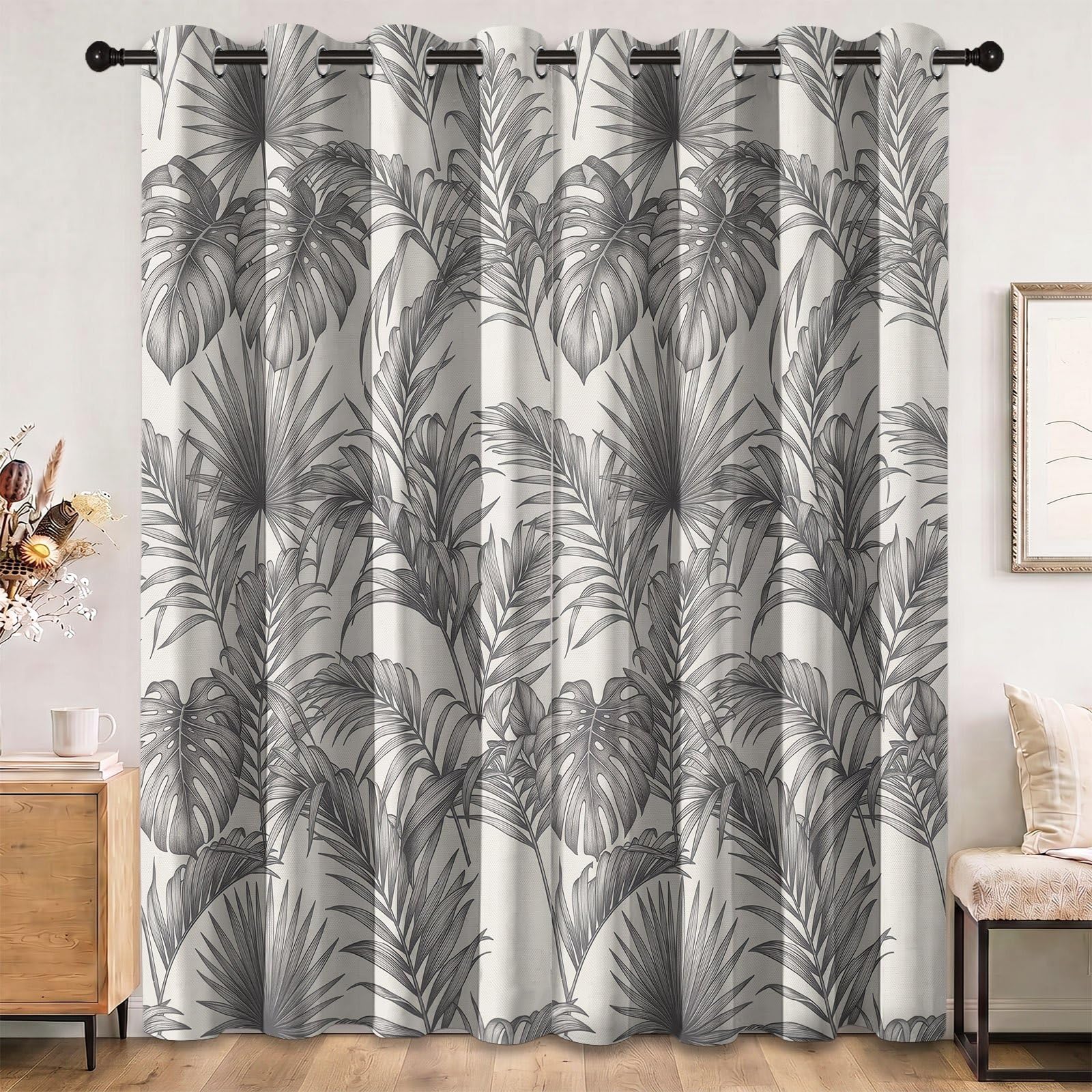 Tenda oscurante tropicale botanica, set di 2 tende oscuranti termiche isolanti con occhielli, foglie di palma disegnate Monstera felci, grigio crema, decorazione camera da letto, soggiorno, finestra