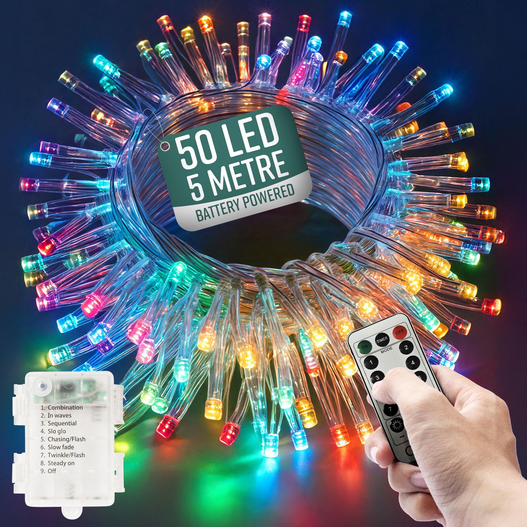 GloBrite Garden Fairy Lights Battery Operated - 50 LED String Lights with Remote - 8 Lighting Modes - Battery Fairy Lights Indoor & Outdoor - Bedroom Aesthetic - (Multi-Coloured LED)