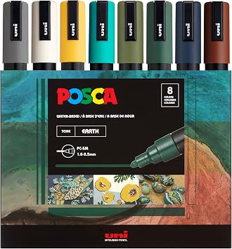 posca Marker Set of 8 Medium Paint Markers 5M - Earth Tones - Grey, Ivory, Ochre, Green, Navy Blue, Brown