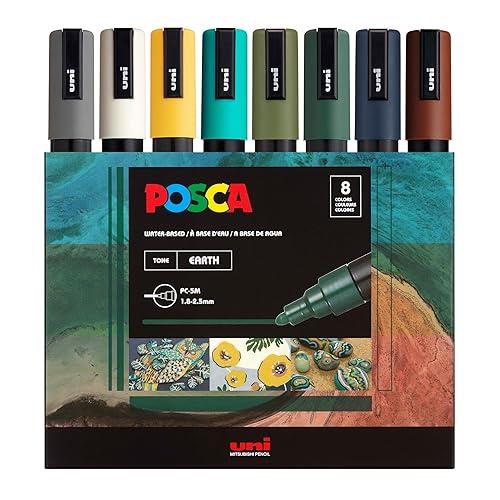 uni POSCA PC-5M Water-Based Paint Markers, Reversible Medium Tip (1.8-2.5mm), Earthtone Ink Colors, 8 Pack - Earth