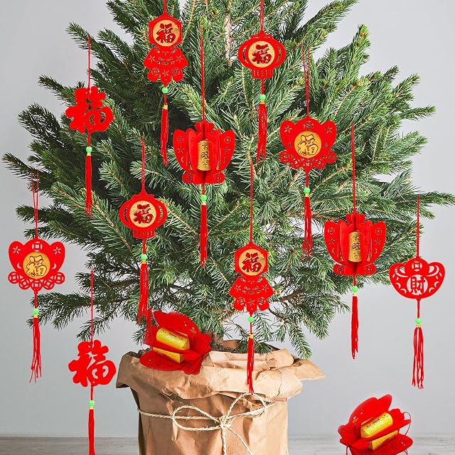 Whaline 36 Pieces Chinese New Year Decorations Chinese Knot Pendant Red Hanging Ornaments,Lucky Fu Pendants for New Year Home Office Car Trees Spring Festival New Year Decorations (6 Designs)