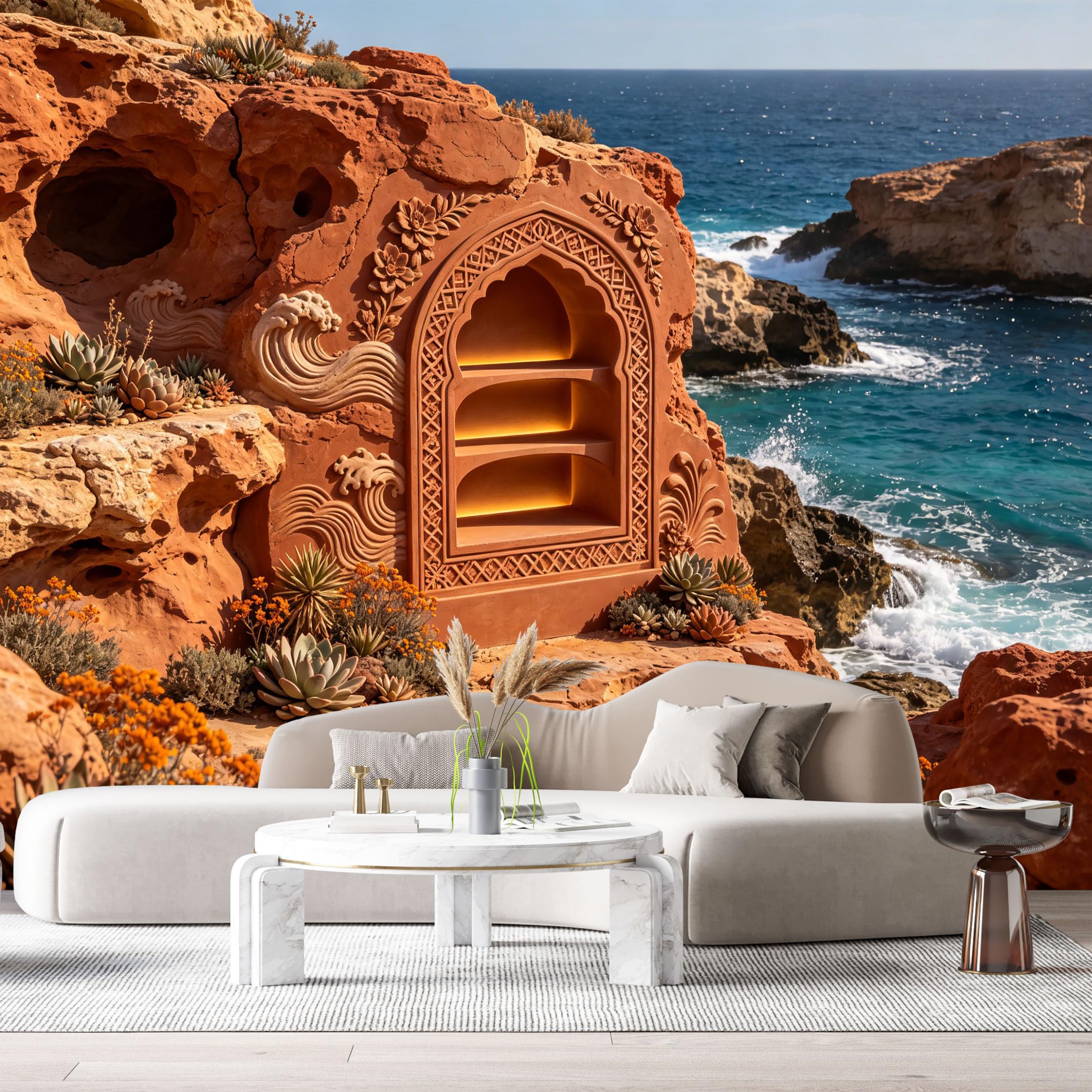 Custom Size Wall Murals Coastal Landscape Red Rock Ocean Niche Succulent 3D Trompe L'Oeil SelfAdhesiveWall Fabric Removable Wallpaper Wall Decor for Living Room Bedroom Bathroom