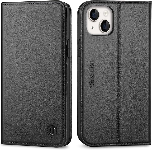 SHIELDON Case for iPhone 14 Plus 5G 6.7", Shockproof Genuine Leather Wallet Case[Card Slots][RFID Blocking][TPU Shell][Kickstand] Magnetic Flip Folio Cover Compatible with iPhone 14 Plus 2022, Black