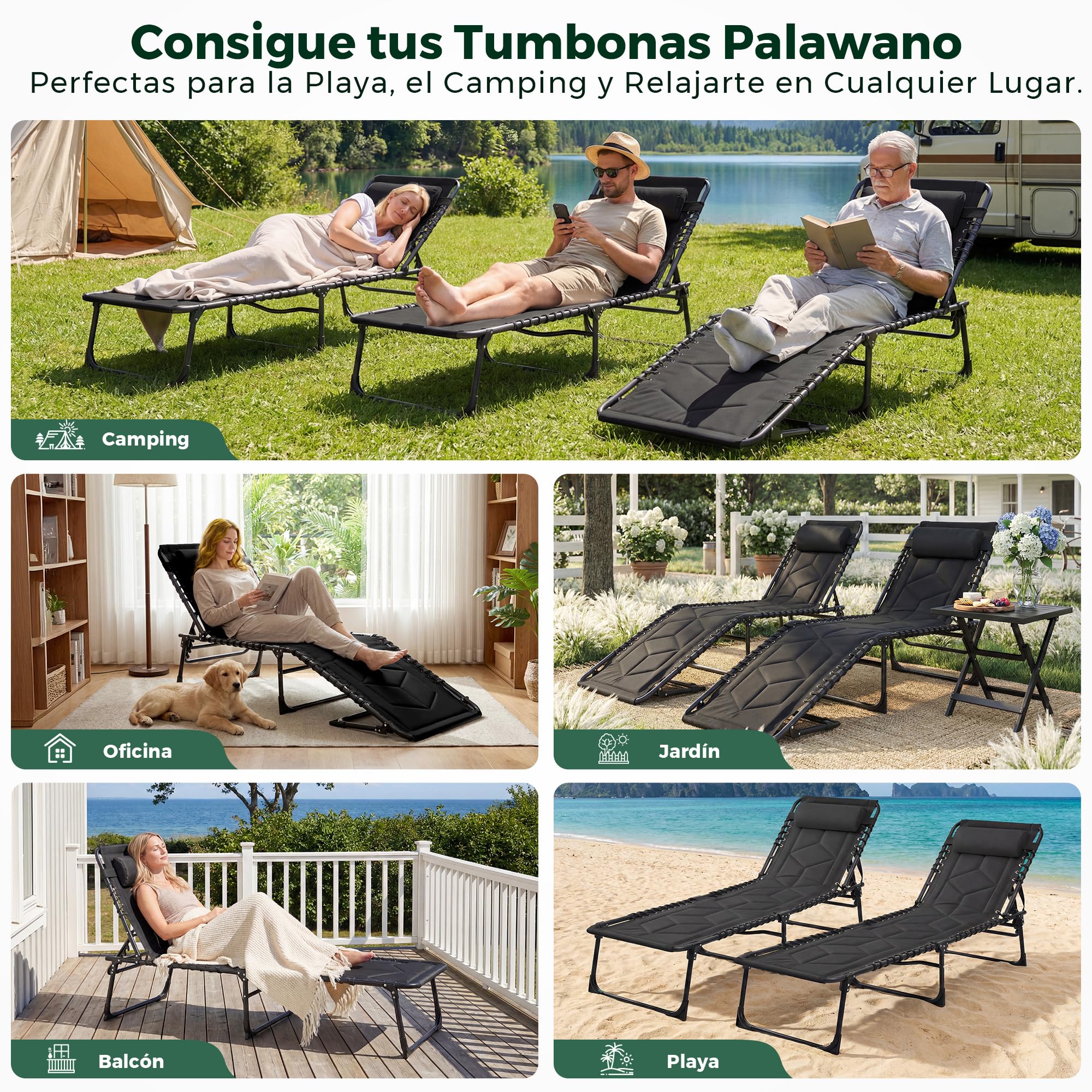 Palawano Tumbona Plegable con Respaldo Ajustable 5 Posiciones, Cama de Camping con Cojín, Tumbona Exterior Portátil para Jardín, Playa, Piscina, Balcón e Interior (Negro)