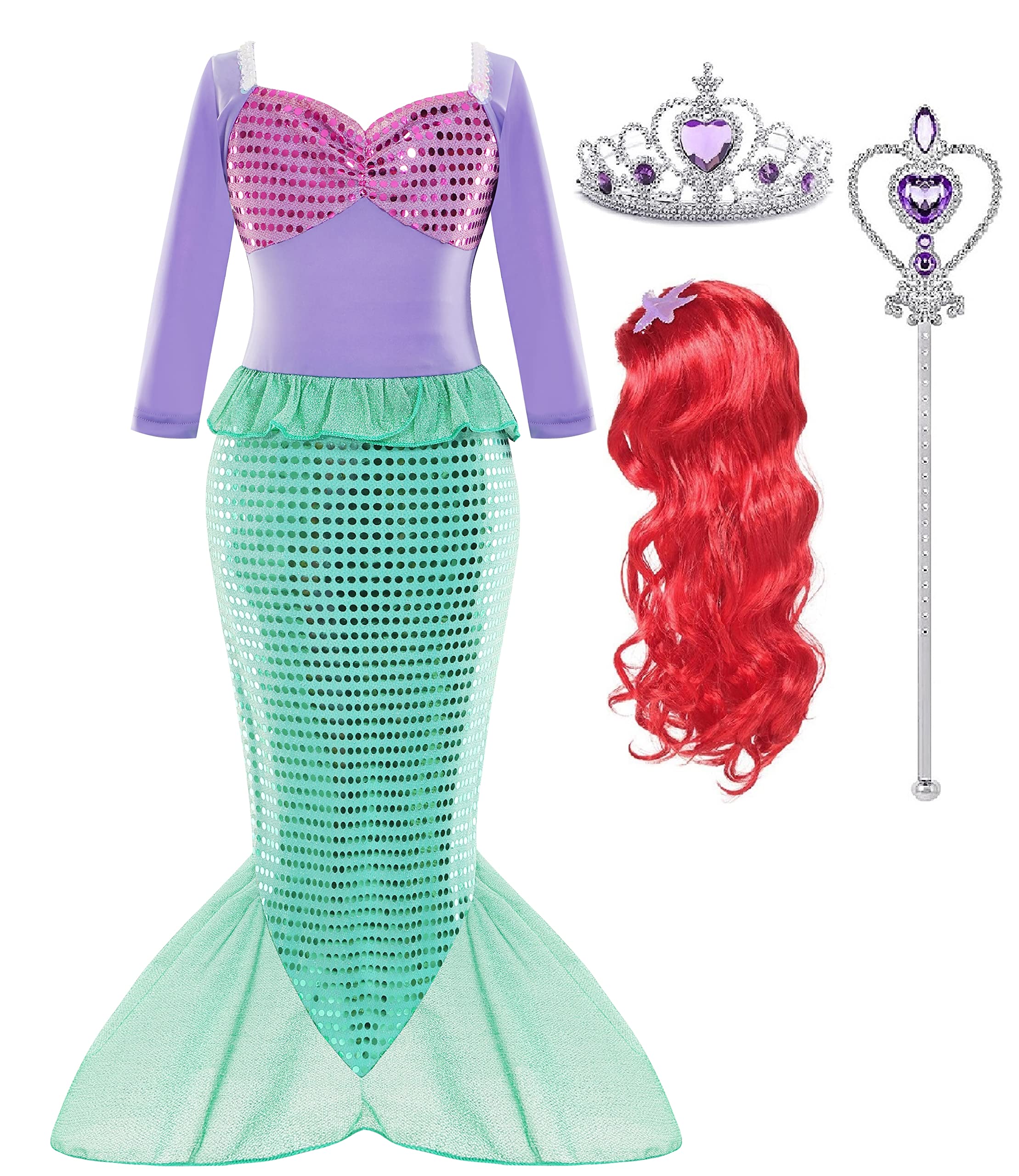 Arie Costume For Girls Little Mermaid Dress Up Costume Arie Dress Age 3-8 With Wig Halloween Cosplay Birthday Party