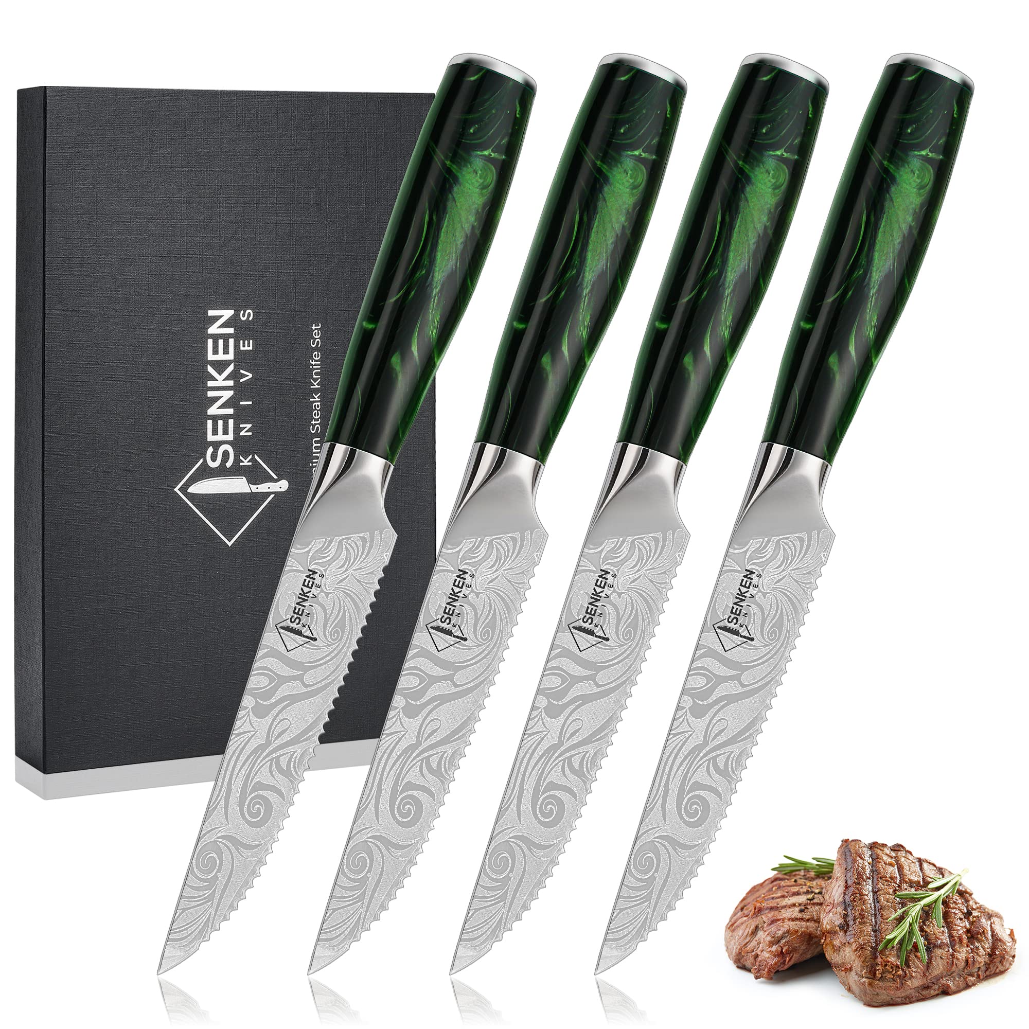 SENKEN Professional Steak Knife Set with Beautiful Engraved Pattern - Wasabi Collection - Razor Sharp Serrated High Carbon Stainless Steel & Emerald Green Resin Handle (Steak Knives Set of 4)