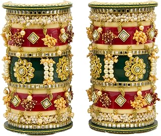 Indian Traditional Handmade Chura for Bride with Hanging Pearl (2.8, Green)