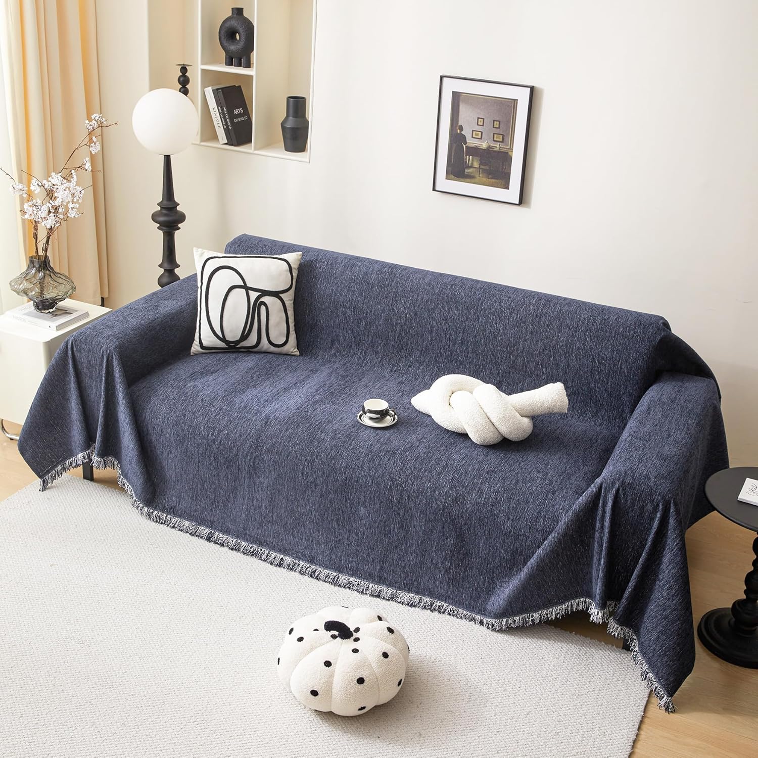 MEETSKY Sofa Cover for 3 Cushion Couch, Pet Friendly 91 Inch Large With Tassel Edge, Modern Washable Slipcover for Dogs and Cats, Universal Throw Cover, 91"x150", Navy Blue