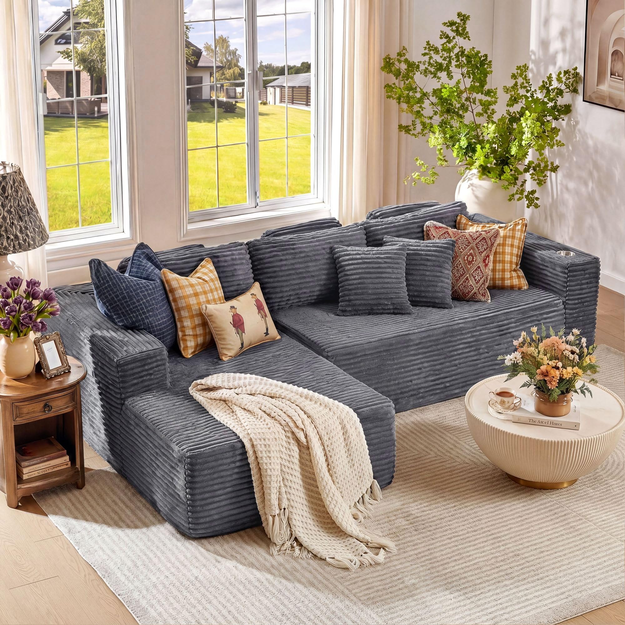 Generisch 275cm Ecksofa L-Form aus Cord, 3-Sitzer mit Ottomane Links, Modulares Schlafsofa Cloud-Couch, Boneless Couch Montagefrei, Bequemes Bodensofa für Wohnzimmer, Heimkino & Gaming, Grau