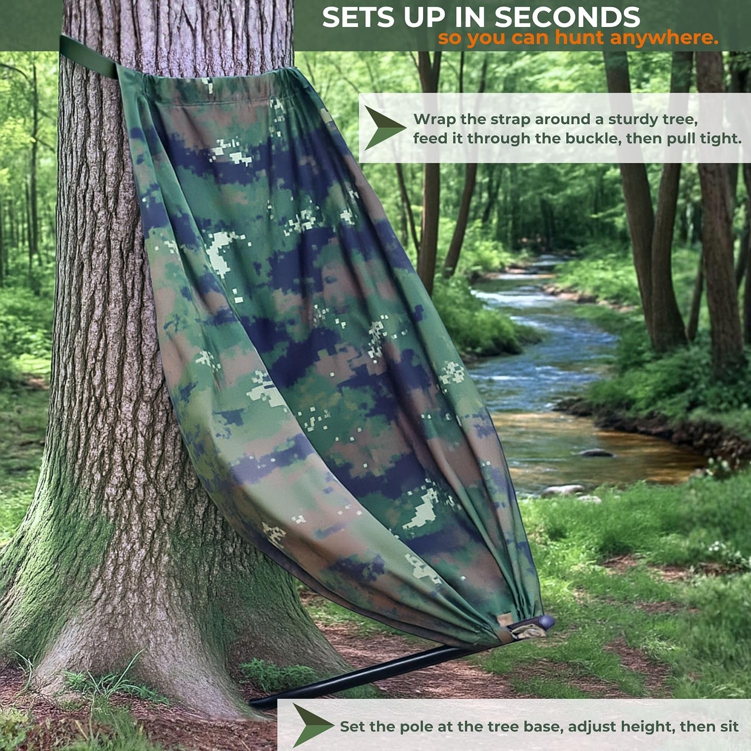 Hammock Chair, Lightweight, Portable Camo Tree Seat, Silent Swivel for Deer Hunt, Ground Hunts, Hunters Outdoor Hamock Shooting Chairs, Hunter Accessories, Gear, Essentials, Digital Print