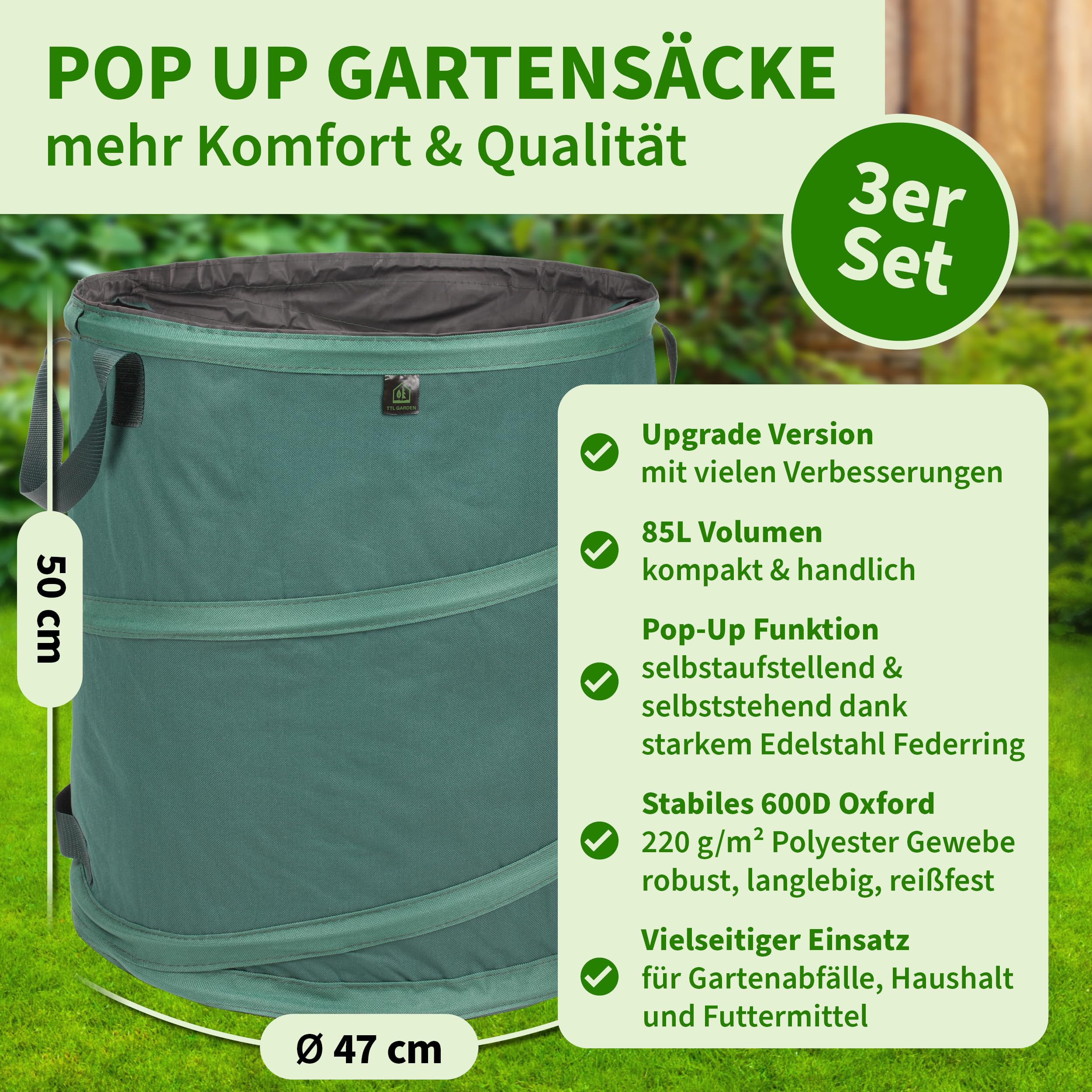 TTL GARDEN 3x 85L Premium Pop Up Gartensack - 220gsm 600D Oxford Gewebe selbstaufstellend extra robust & wasserfest - 3er Set 85 Liter – Gartenabfallsack Laubsack Sack für Gartenschnitt faltbar