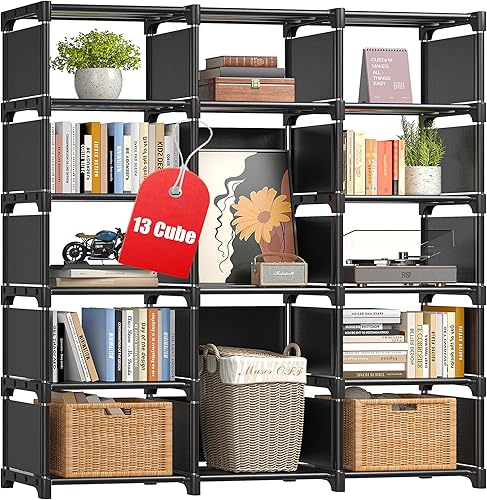 REIBII Estantería para libros, estantería, 13 estanterías, librerías, funda para libros de bricolaje, estantes negros, estantería alta, estantes
