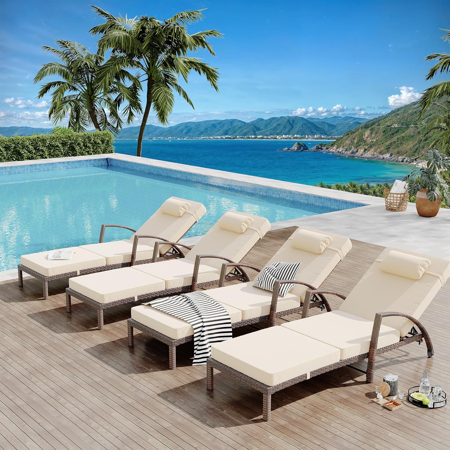 Chaise Lounge Chairs Set of 2 for Outdoor, Adjustable 5 Position PE Rattan Wicker Patio Folding Lounge with Arm, Cushion, Pillow and Wheels for Backyard, Poolside, Deck (Beige)
