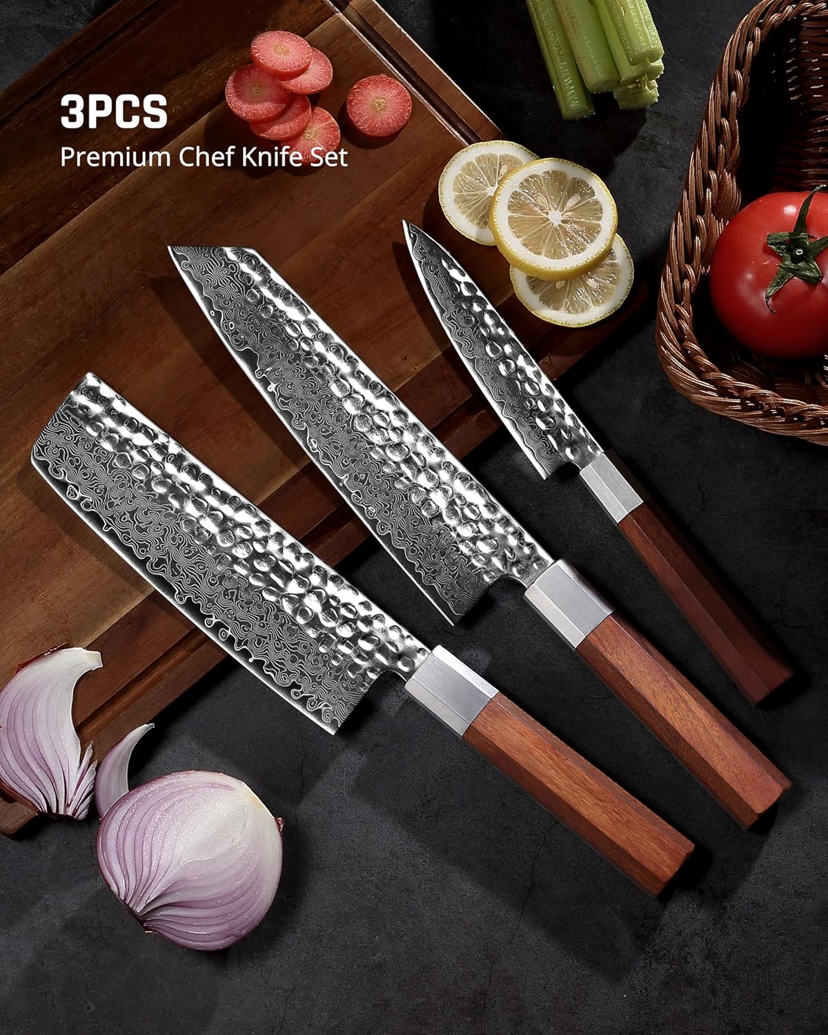 YOTSUBA 3PCS Japanese Chef Knives Set,Damascus Kitchen Knives Set with Hand-forged High Carbon Steel Blade,Ultra Sharp Cooking Knife Set with Ergonomic Wood Handle for Chopping Vegetable and Cooking