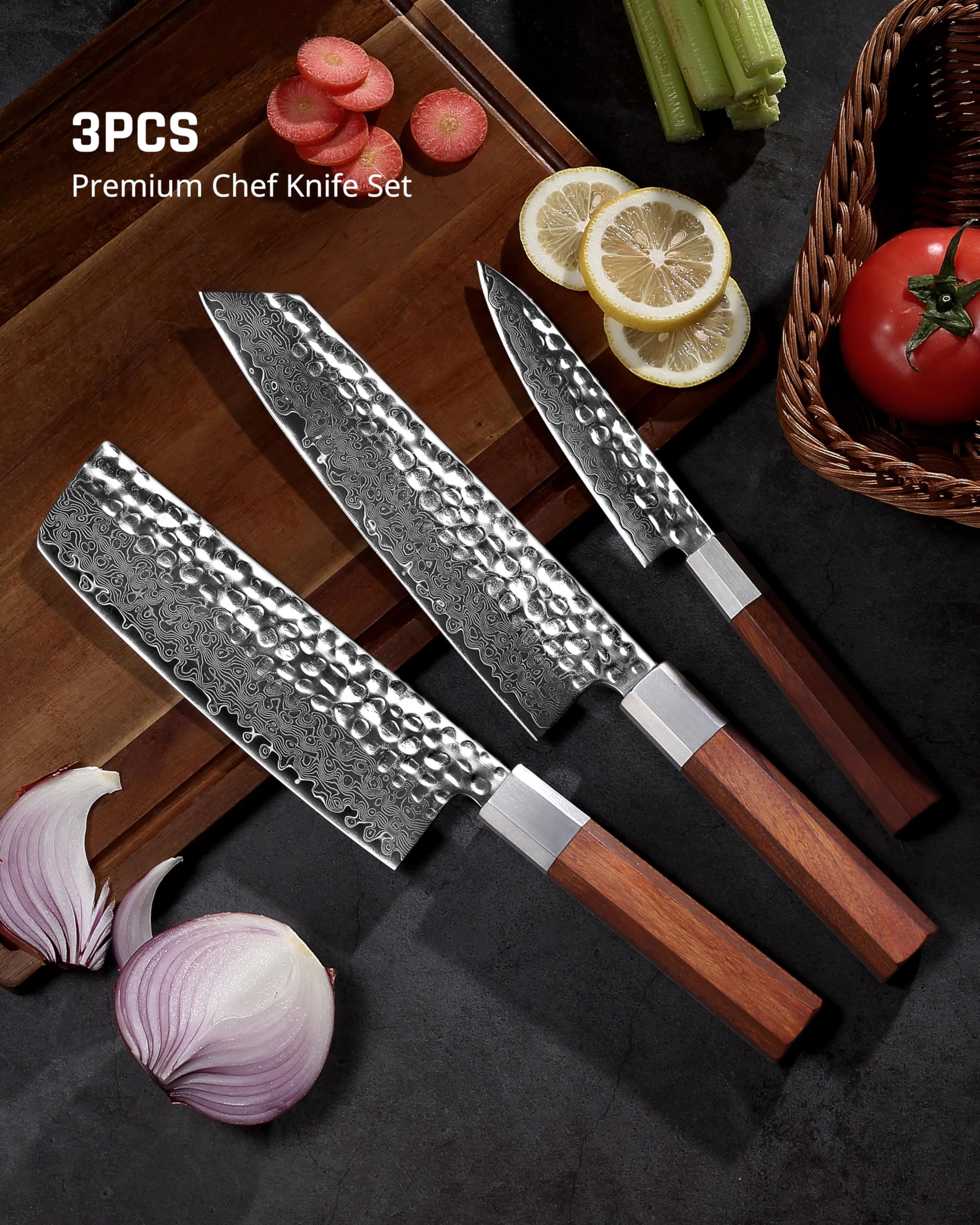 YOTSUBA 3 PCS Japanese Style Knife Set – Natural Rosewood & Damascus Steel — Amazon image 7