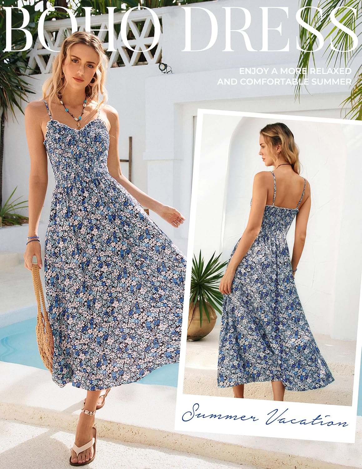 Kate Kasin Women Floral Maxi Dress Spaghetti Strap, Beach Boho Smocked Sundress, Summer Vacation Dress with Pockets 2026 - Image 5