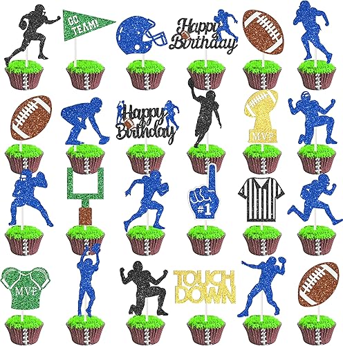 Miniatura 9 de 24 decoraciones de fiesta de fútbol con purpurina para cupcakes, decoración de fiesta de cumpleaños, decoración de pastel de rugby para jugadores de