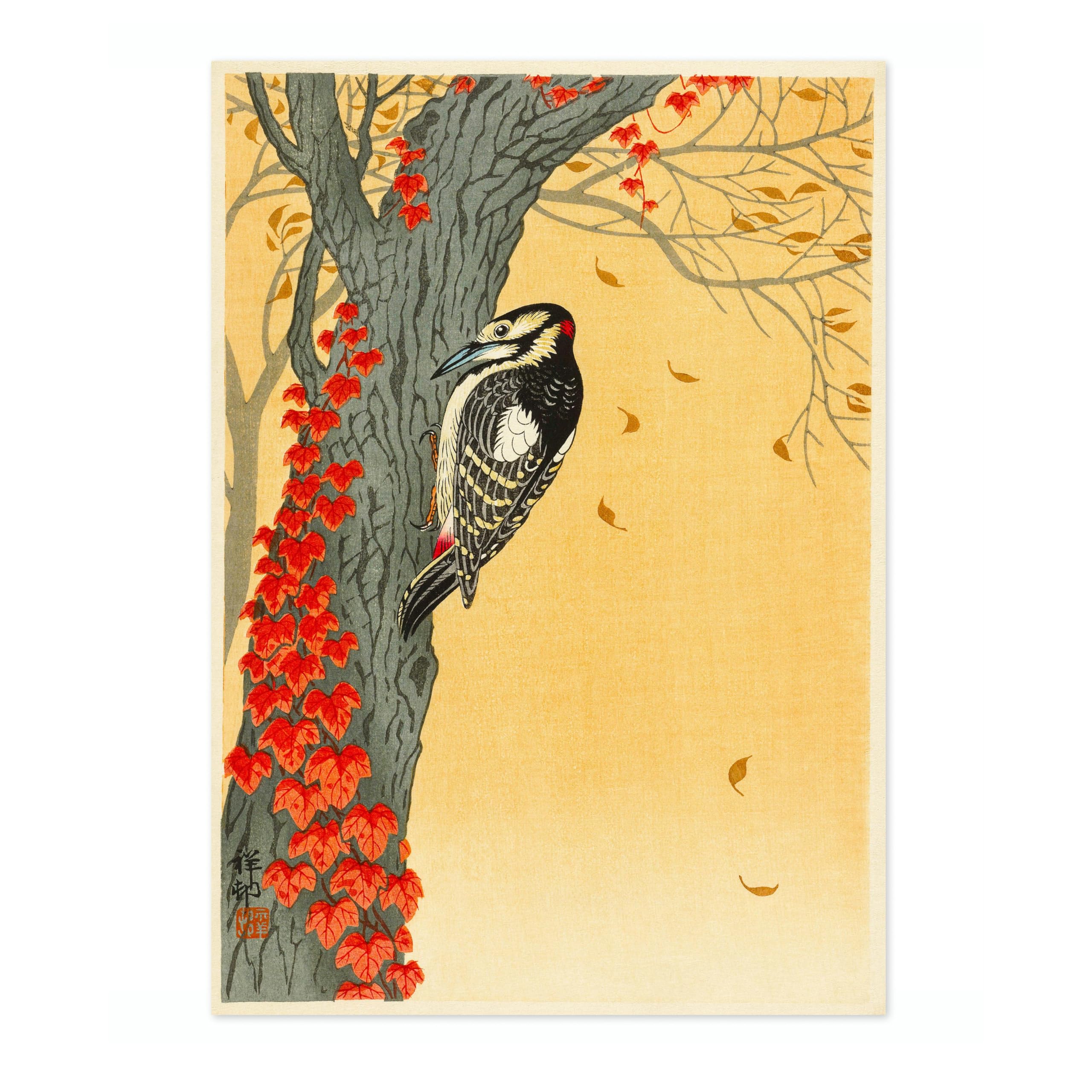 Great Spotted Woodpecker Ohara Koson Poster, Japanese Woodblock Ukiyo-E Print, Vintage Bird Art Picture Animal Painting Wall Art Exhibition, Japan Birds Home Decor, A5 (Print Only) - 21x14.8cm