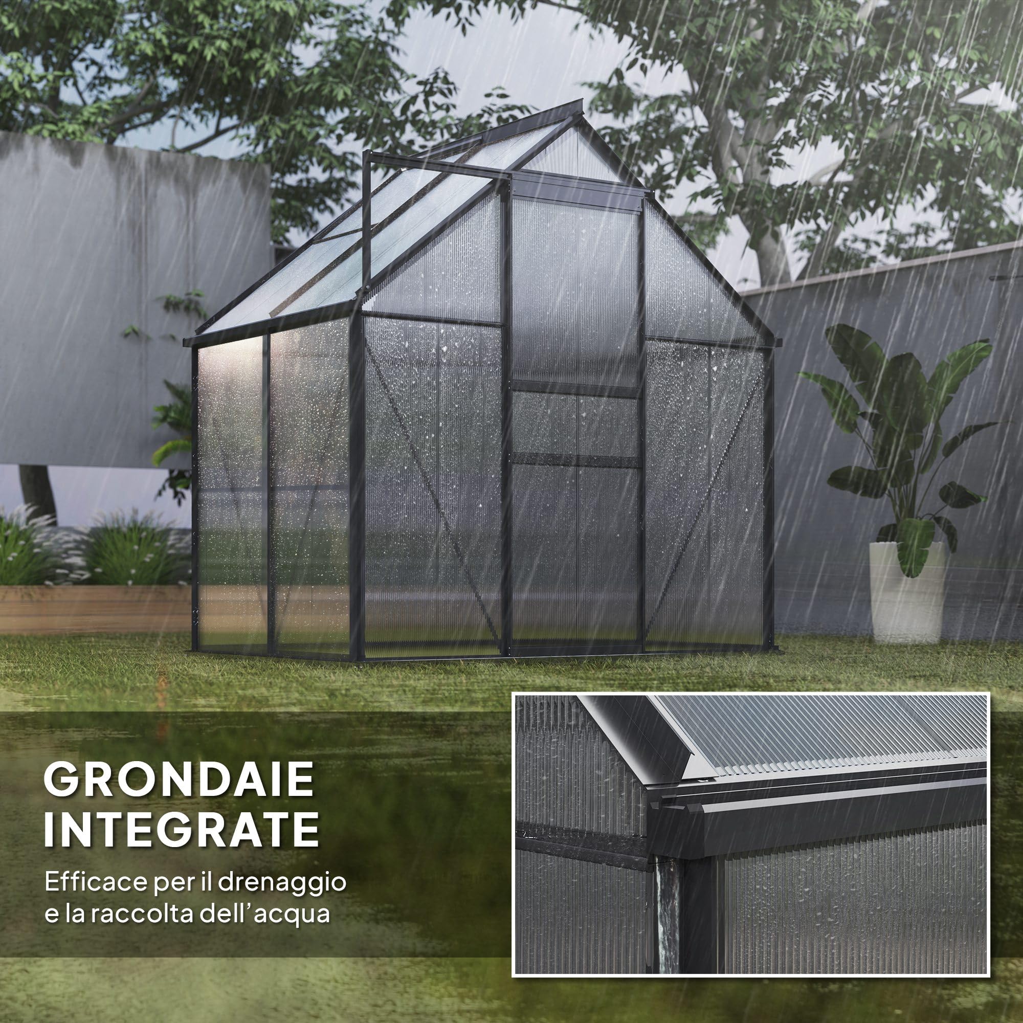 Outsunny Serre de jardin en polycarbonate avec cadre en alliage d'aluminium 2.5㎡, serre pour jardin avec fondation, gouttières, fenêtre de toit réglable, porte battante, pour plantes, anti-UV, gris