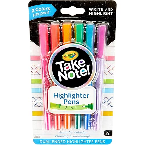 Crayola Take Note Highlighters and Dual Tip Pens, Assorted Colors, School Supplies, At Home Crafts for Kids, 6 Count