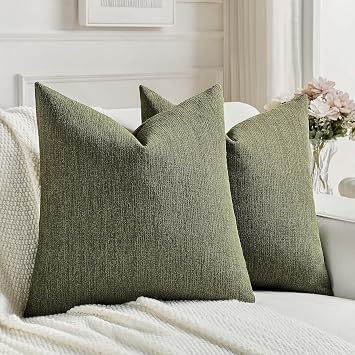 FUTEI Pack of 2 Chenille Decorative Throw Pillow Covers 24x24 Inch,Soft Cozy Faux Linen Textured European Pillow Shams,Farmhouse Home Decor for Couch Living Room,Moss Green