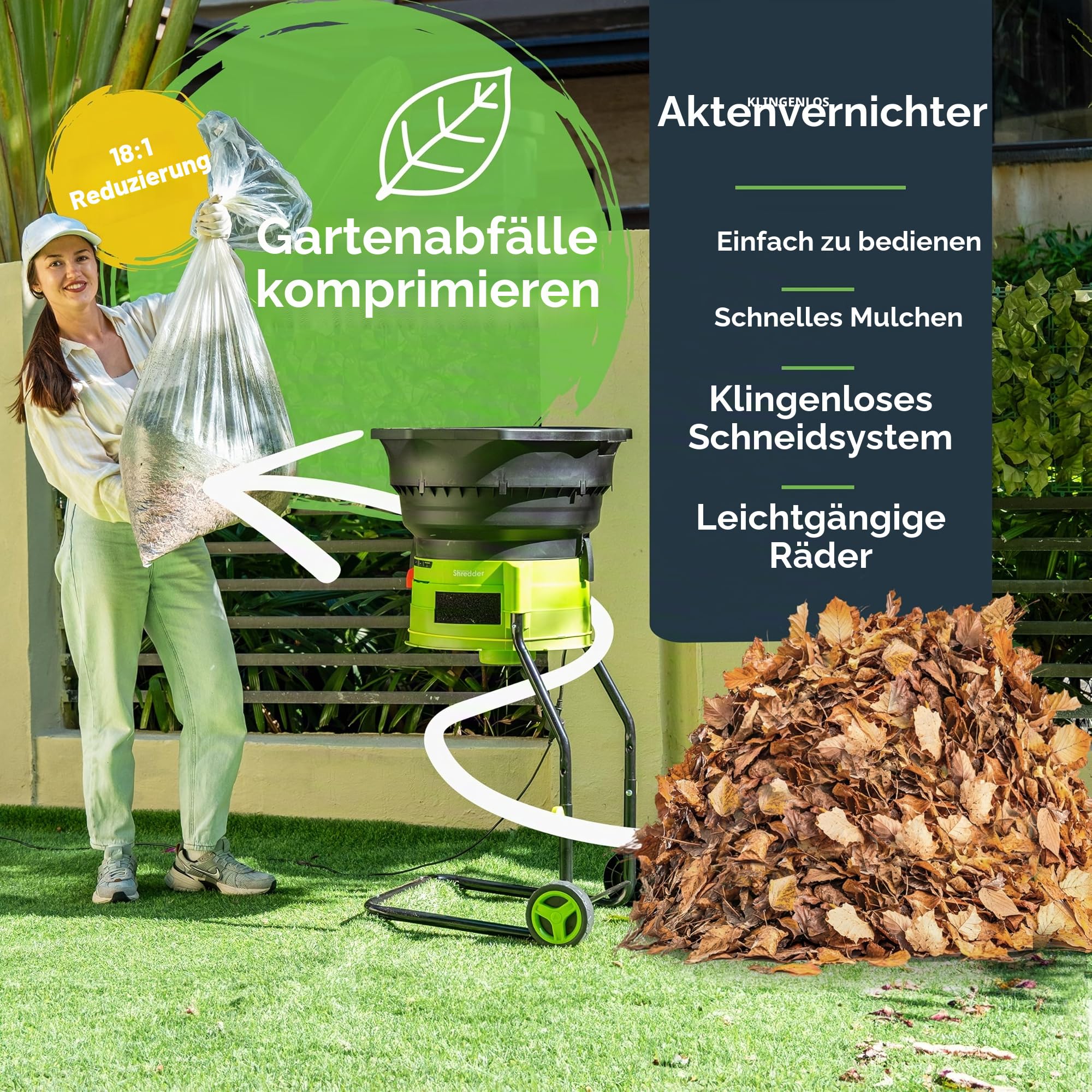 GreenSweep XL Messerloser Laubhäcksler & Mulcher 15 Ampere 9.000 U/min Motor 18:1 Reduktionsverhältnis