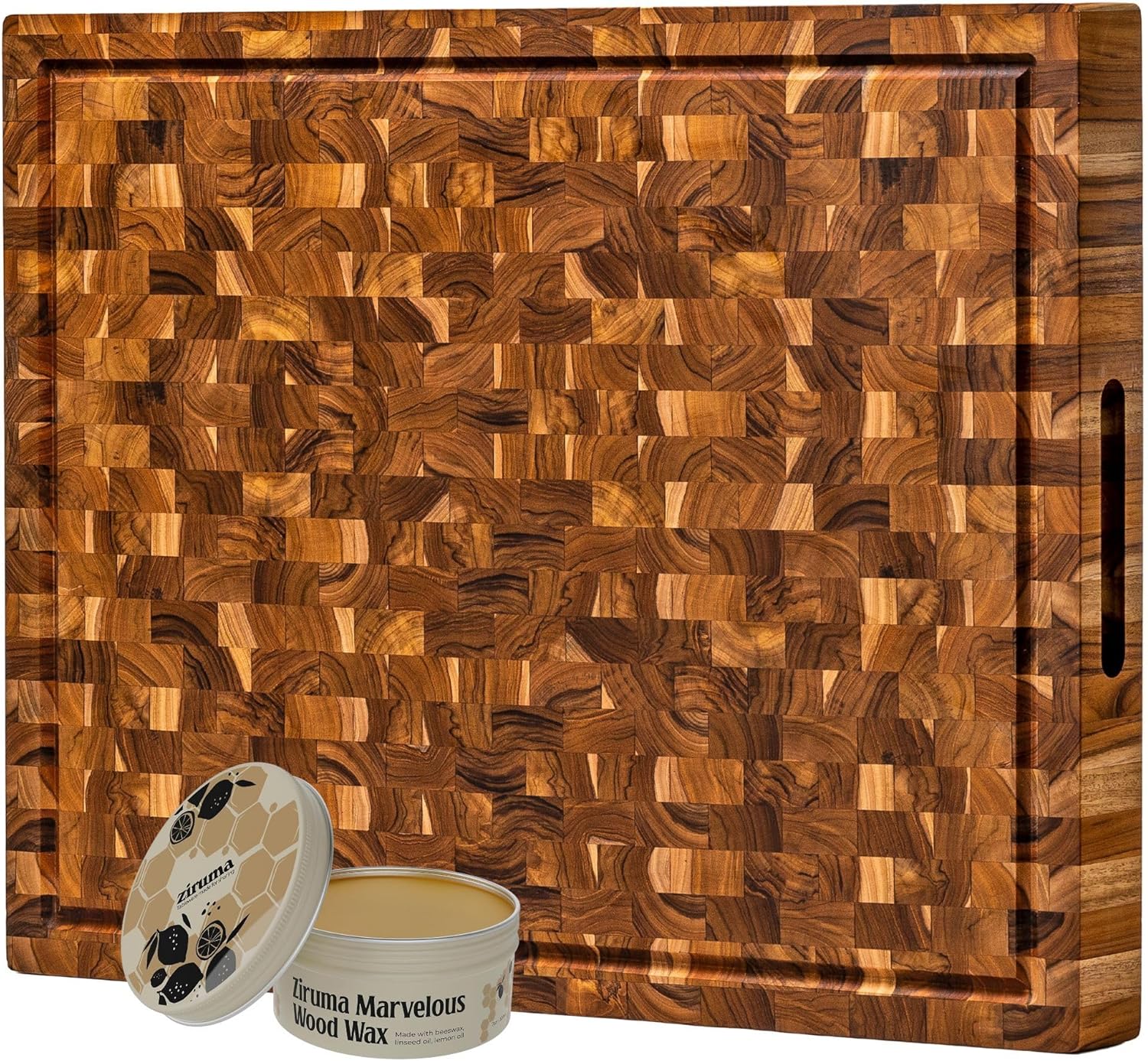 Set of Cutting Board and Beeswax Includes an End Grain Butcher Block Made of Teak