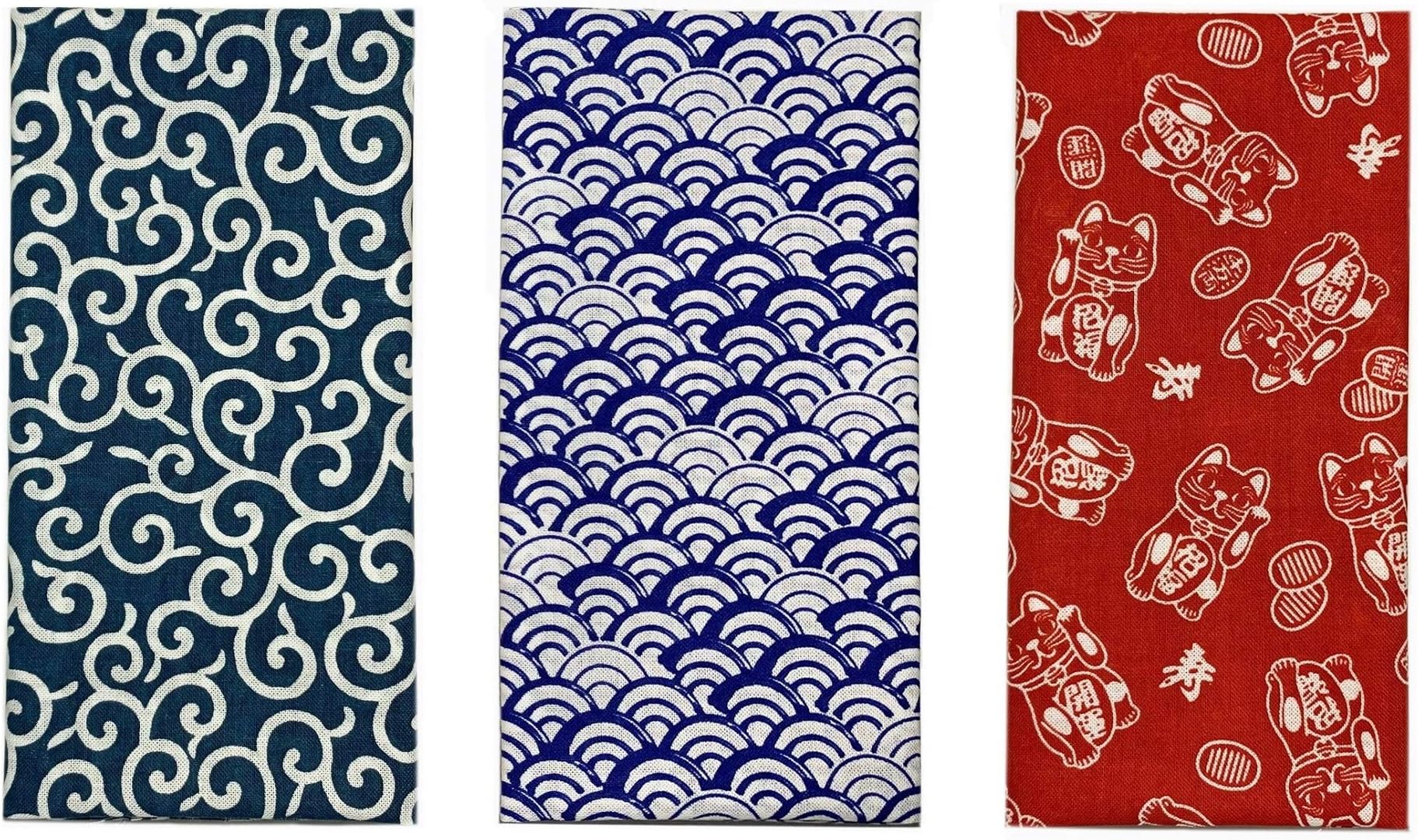 Yagisei Made in Japan Komon Tenugui Towel 3 Type Set(Karakusa,Blue Waves, Maneki Neko)