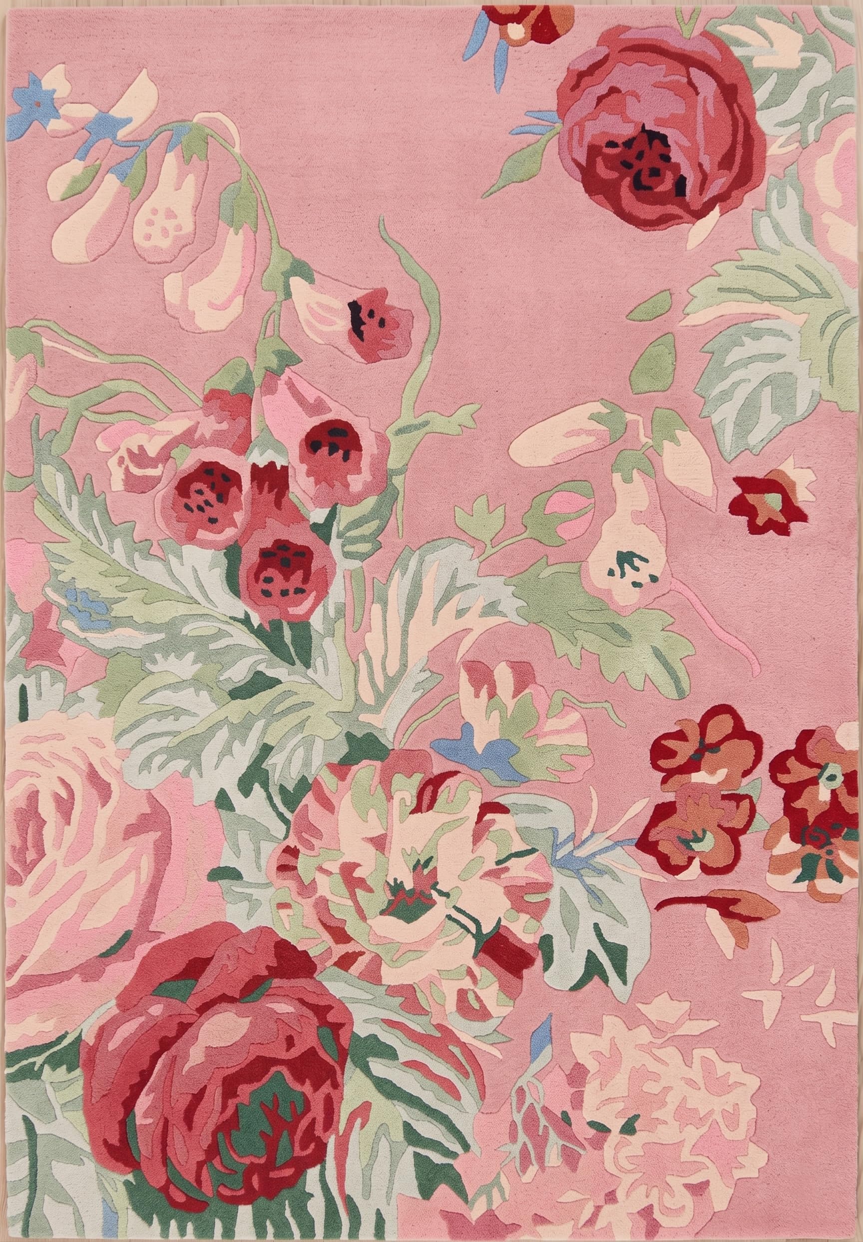 Modern Rose Floral Wool Area Rug | Handmade Area Rug with Garden Colorful Flowers for Living Room Dining Room and Kitchen (Pink, 5x5 Round)