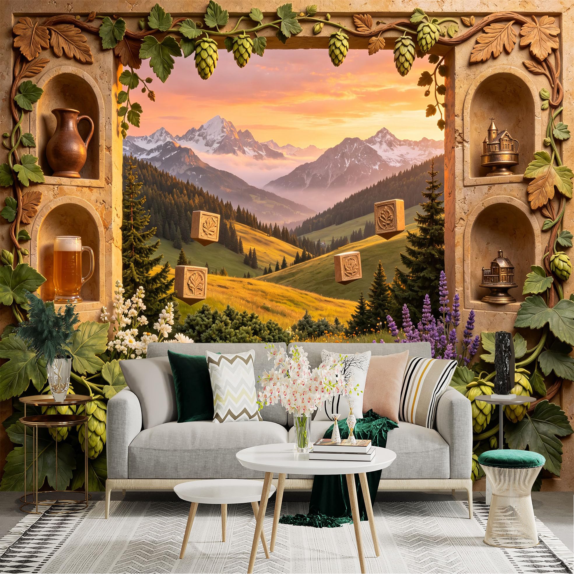 Lnzczhyre Bh260719307 Custom Size Wall Sticker Mural， Alpine Landscape With Sunset， Wildflowers And Hops Frame， Window View Of Mountains， For Wall Decoration， Peelandstick Wall Decals.
