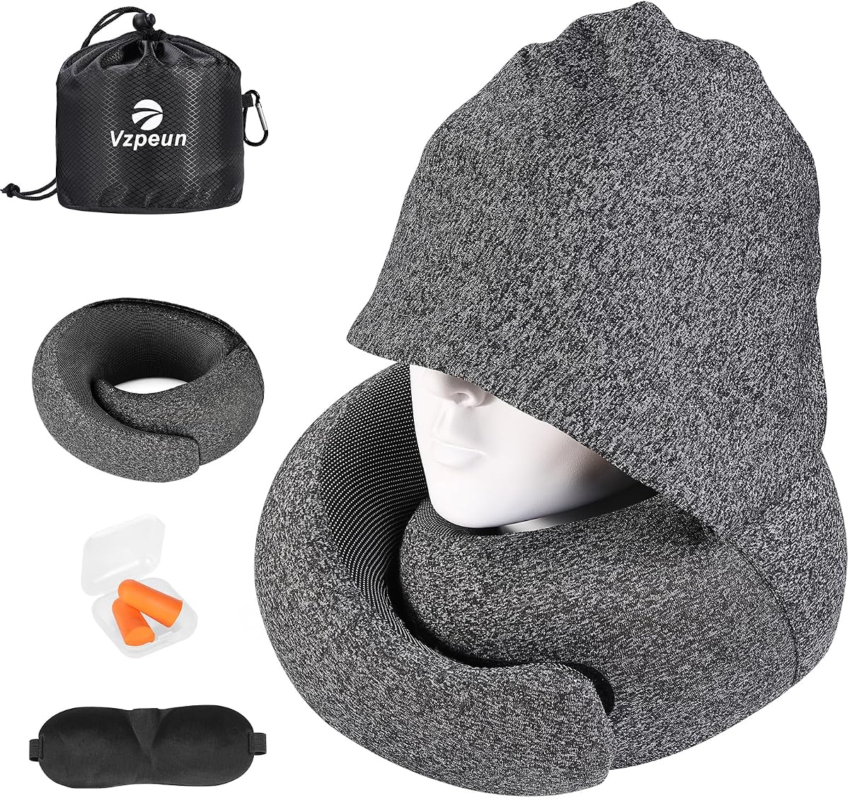 Almohada de viaje - Almohada para el cuello con capucha Relleno de espuma viscoelástica para avión | para avión, oficina, coches para dormir, viaje por carretera, elementos esenciales para vuelos largos, incluye antifaz y tapones para los oídos (gris oscuro)