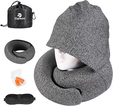 Travel Pillow with Hood, Memory Foam Neck Pillow for Airplanes Dark Gray