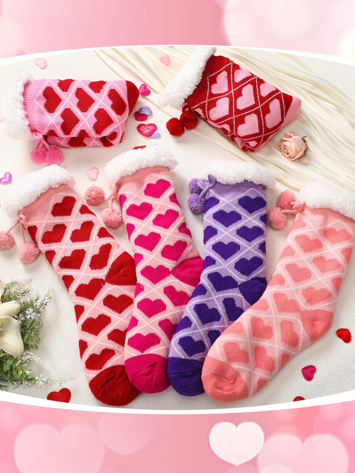 Berlune Galentines Day flauschige Hausschuhsocken für Damen, rutschfest, flauschig, Winter, warm, Lamm-Fleece, Herzsocken, für Freundin, die besten Freunde, Valentinstagsgeschenke, 6 Paar