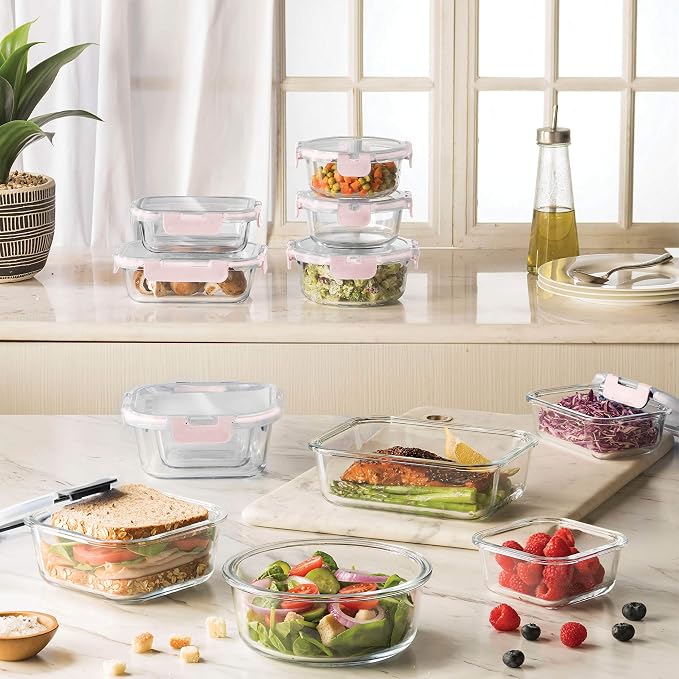 24 Piece Glass Storage Containers with Lids - Leak Proof, Dishwasher Safe Glass Food Storage Containers for Meal Prep or Leftovers, Gray