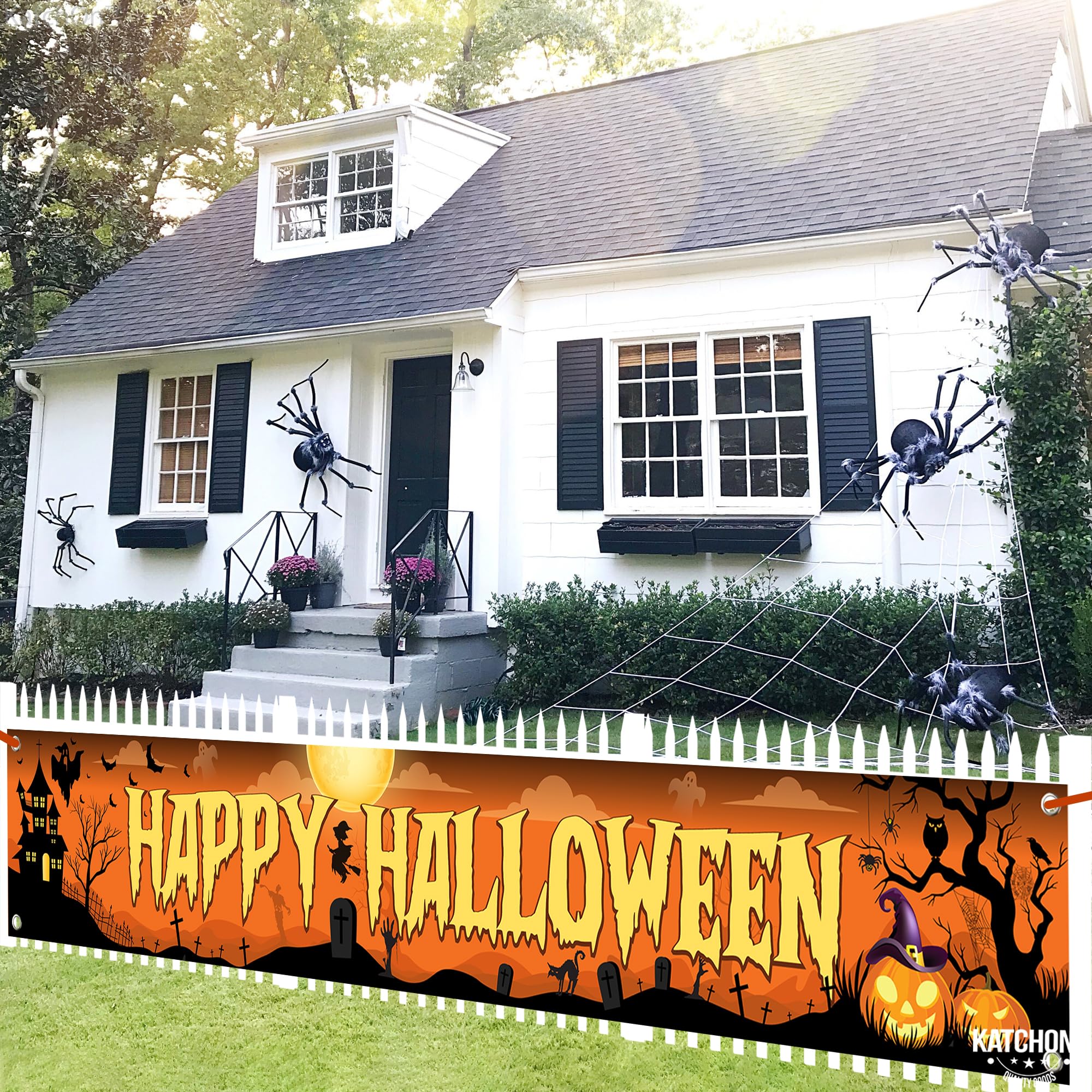 KatchOn, Baner Happy Halloween na zewnątrz, 300 x 50 cm, pomarańczowy i czarny baner na podwórko z okazji Halloween, znak na podwórko na Halloween, dekoracja podwórka, banery halloweenowe na zewnątrz