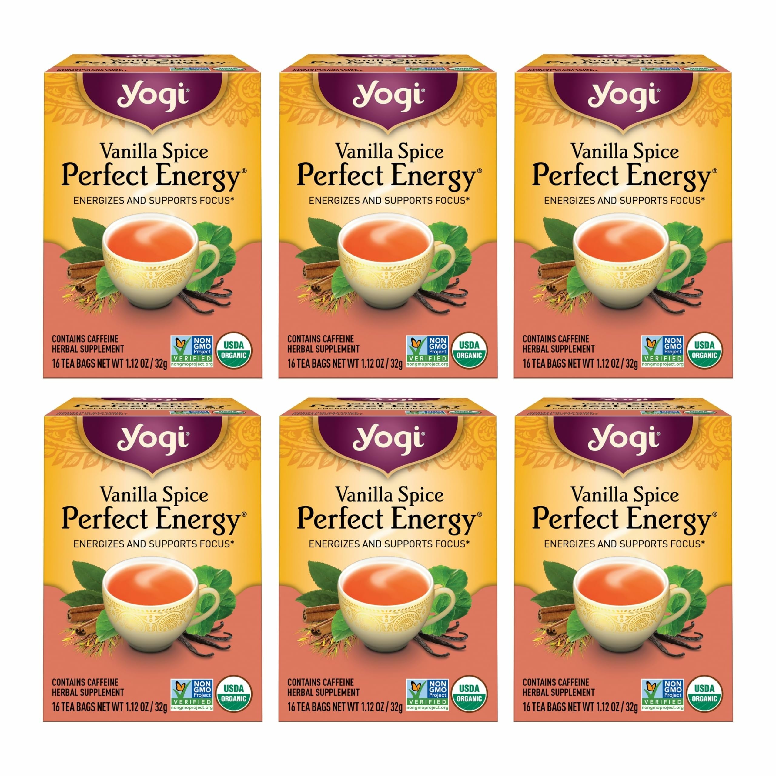 Tea Vanilla Spice Perfect Energy Tea - 16 Tea Bags per Pack (6 Packs) - Organic Vanilla Energy Tea - Focus Tea - Includes Green Tea, Black Tea, Ashwagandha, L-Theanine & More