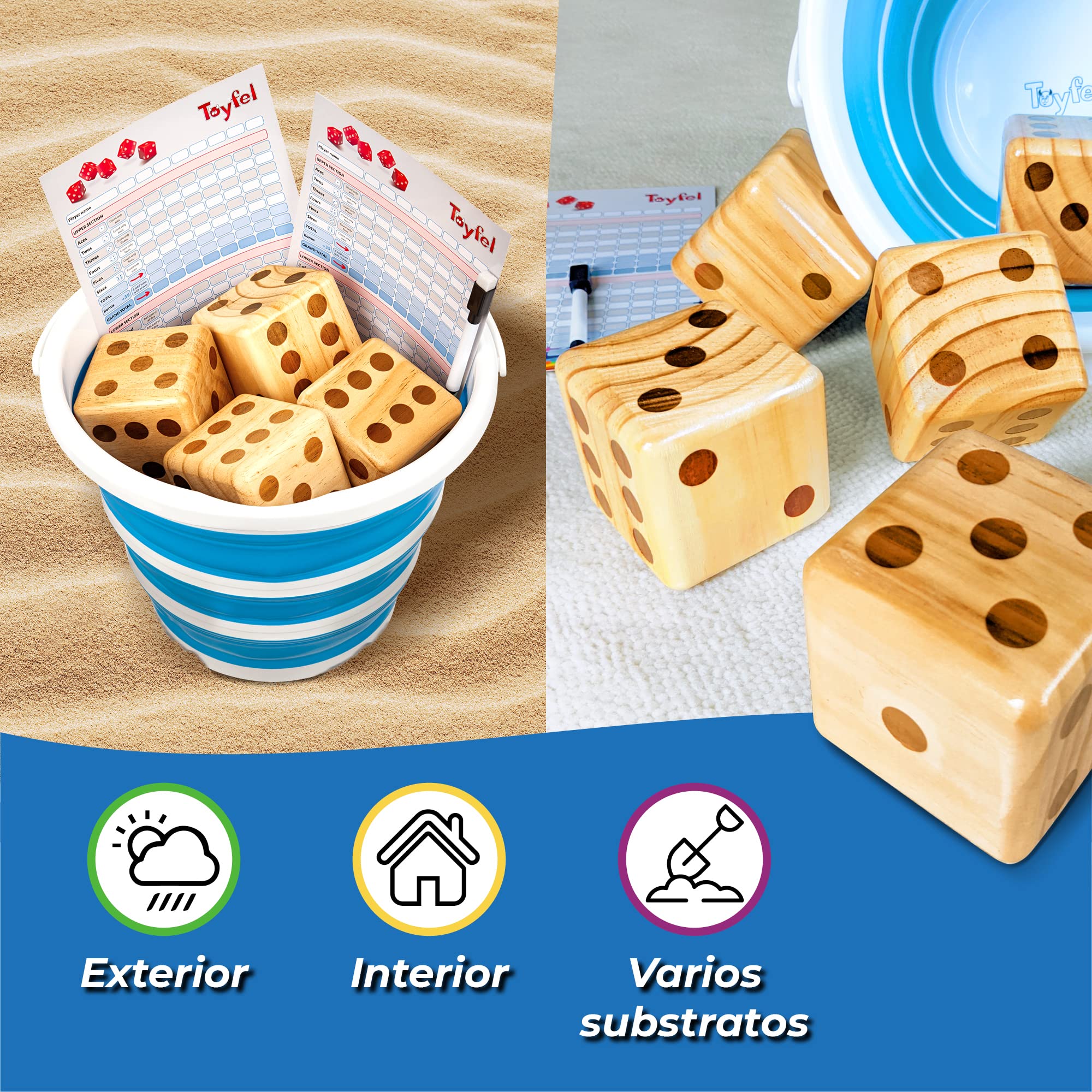 Toyfel XXL Juego de Dados Madera de Pino FSC® Interior y Exterior | 6 Enormes 9cm Cubo Plegable Tablero Limpiable y Pluma para Niños y Adultos gigantes pizarra gigantes mesa familiar Chuck