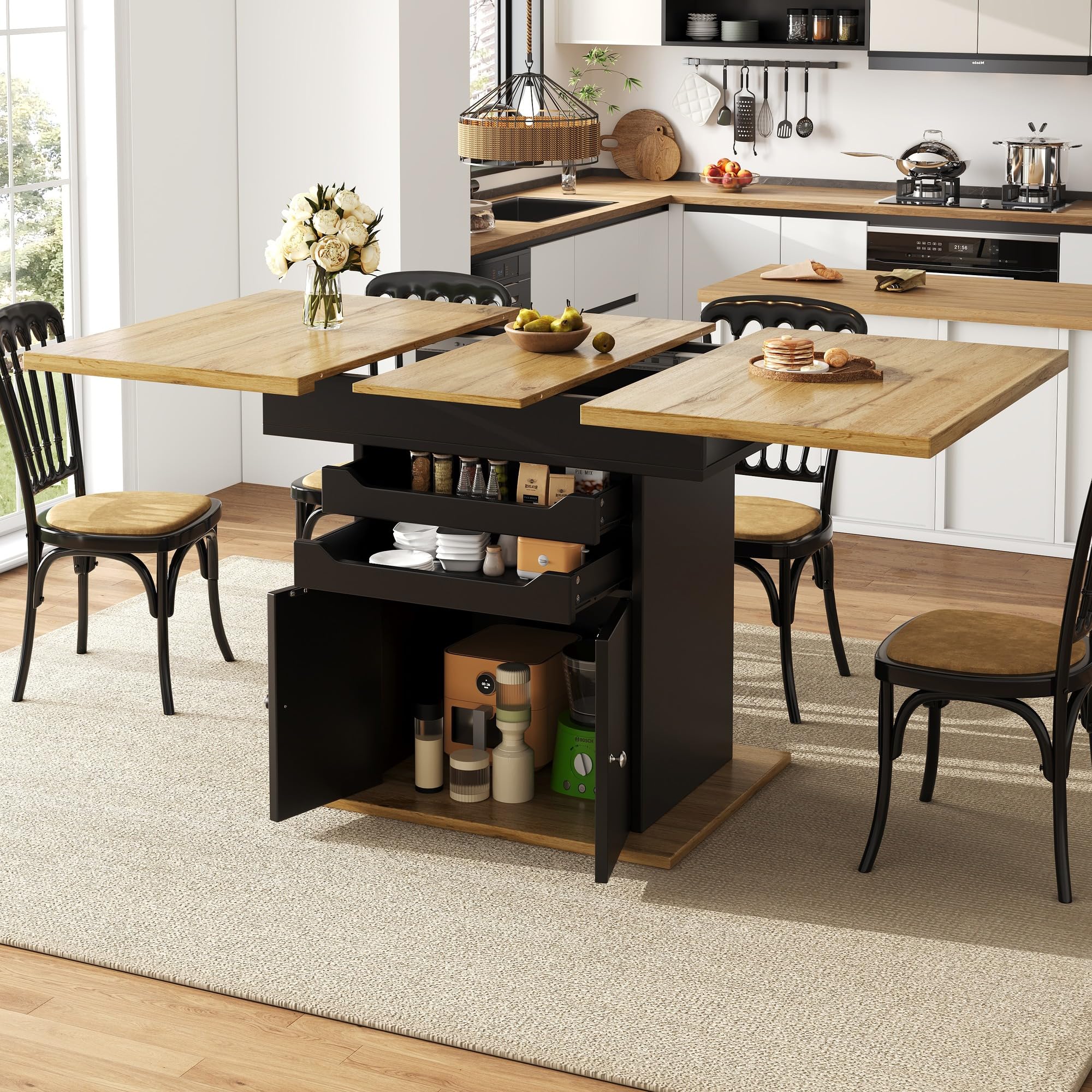 Table à manger extensible 110-140 cm en MDF avec rangements