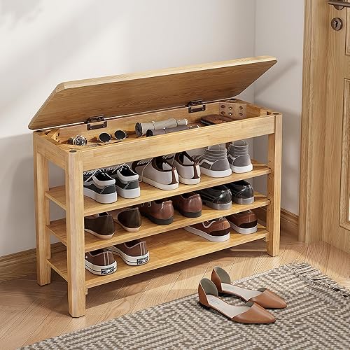 IUNVR Shoe Rack Bench Seat Rubberwood 3-Tier Wooden Storage Bench