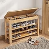 IUNVR Shoe Rack Bench Seat Rubberwood 3-Tier Wooden Storage Bench 550lbs Compact Mid-Century Modern Design for Entryway, Hallway, Closet, Front Door Entrance, Foyer
