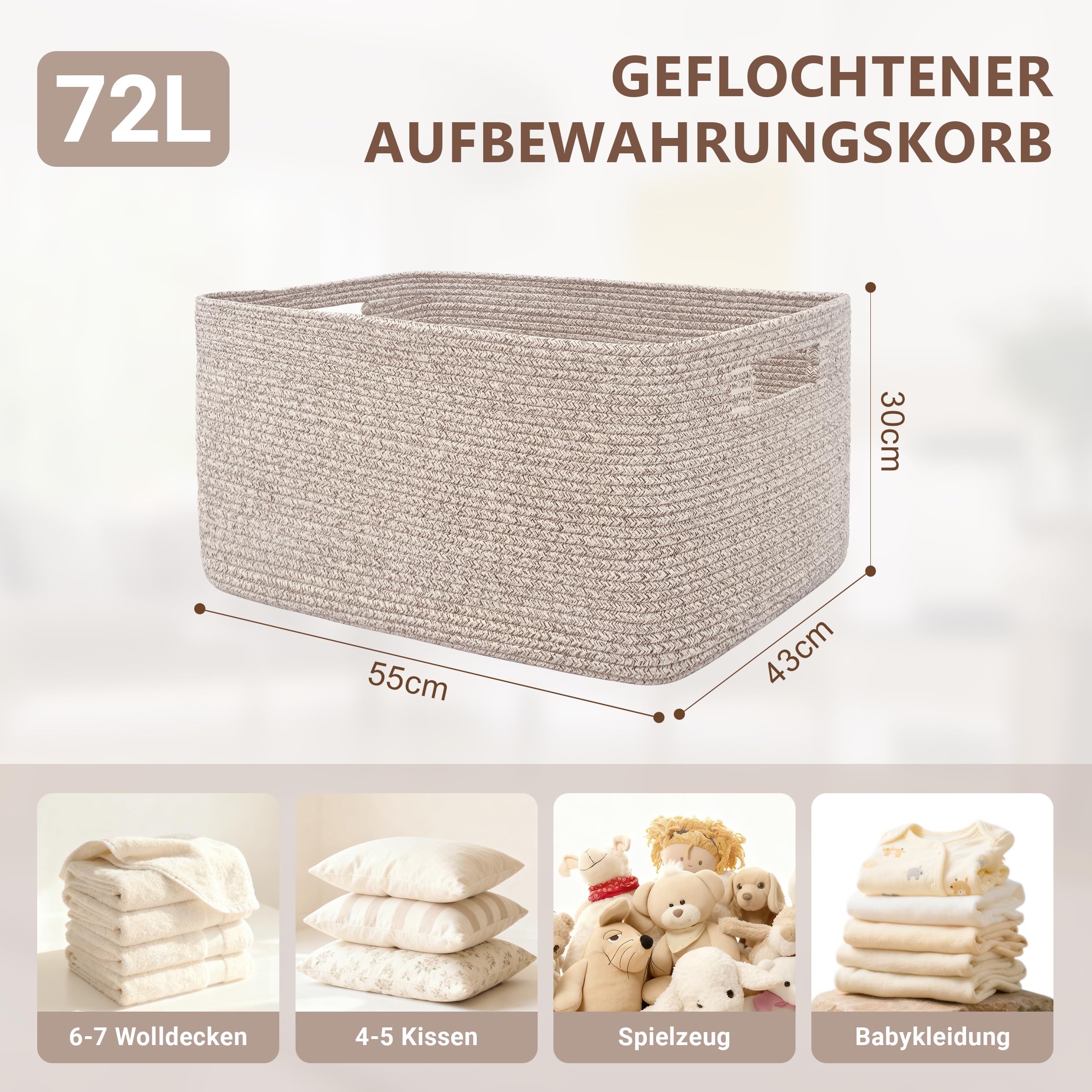 72L großer Wäschekorb geflochten mit Henkeln, Hellbraun | Aufbewahrungskorb aus Baumwollseil für Decken, Spielzeug & Kleidung, Stoffkorb für Wohnzimmer, Kinderzimmer, 55×43×30 cm