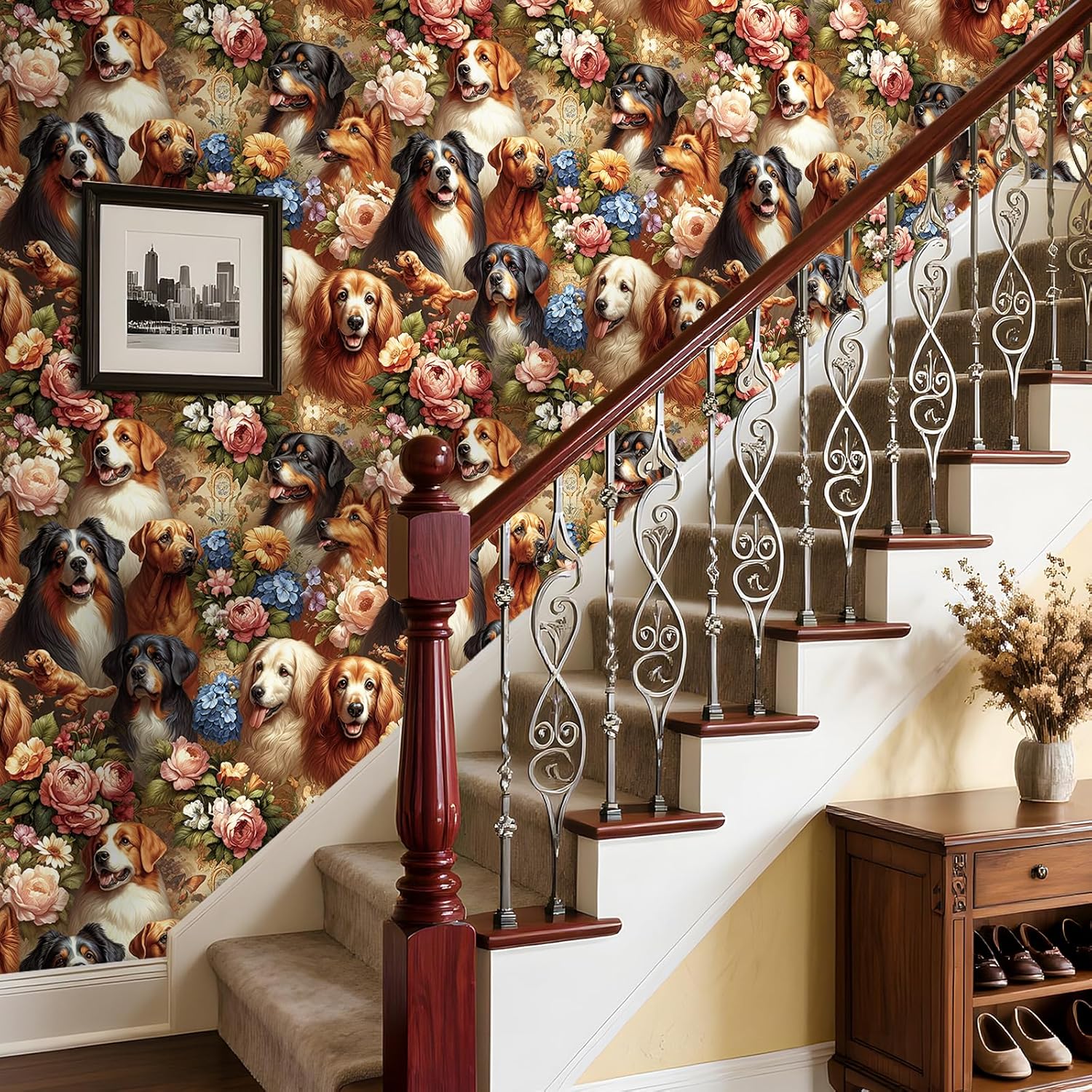 Stickyart Peel and Stick Dog Floral Wallpaper Whimsical Multiple Puppy Breeds Floral Contact Paper Bernese Mountain Dog Golden Retriever Roses Hydrangeas Flower Wallpaper for Bedroom wall17.5 x276