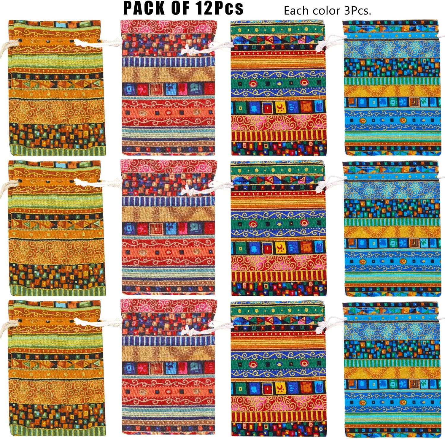 PINOWU Ethnic Style Drawstring Gift Bag 5x7 Cotton Reusable Pouches (12pcs) Jewelry Coin Pouches Biodegradable Eco-Friendly Sachet Bags for Candy Wedding Party Valentine Favors